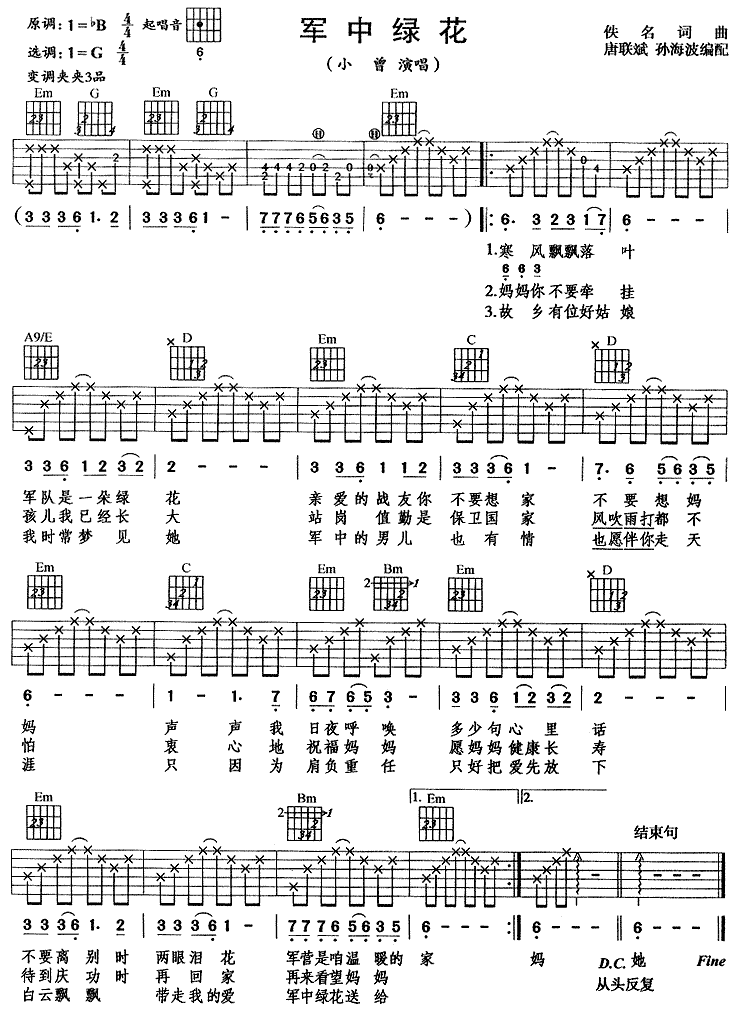 《军中绿花》吉他谱-C大调音乐网