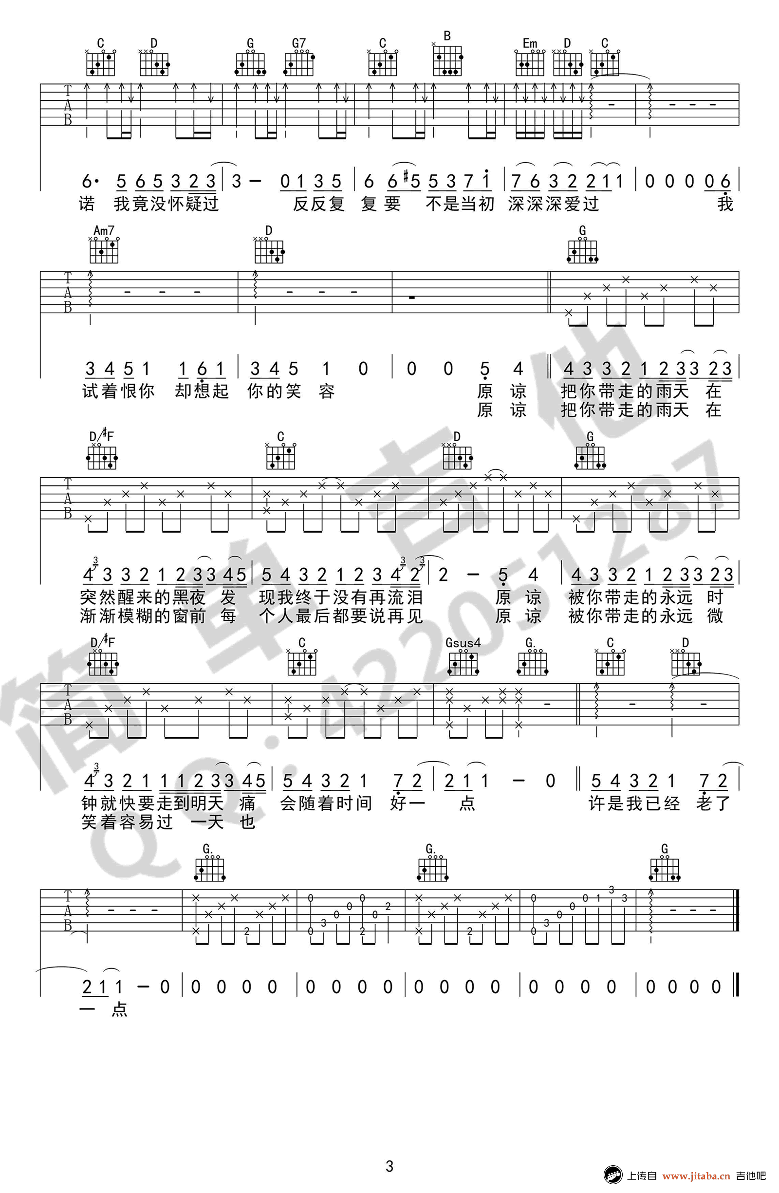 原谅吉他谱_张玉华《原谅》六线谱_完美弹唱谱-C大调音乐网