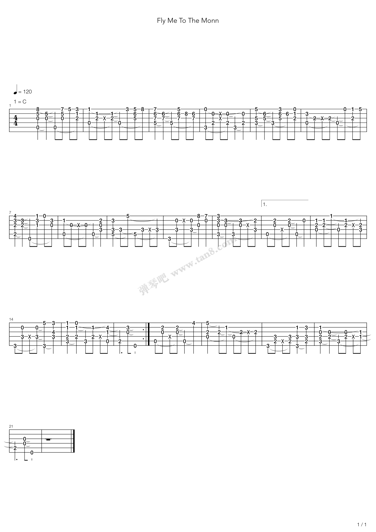 《Fly me to the moon》吉他谱-C大调音乐网