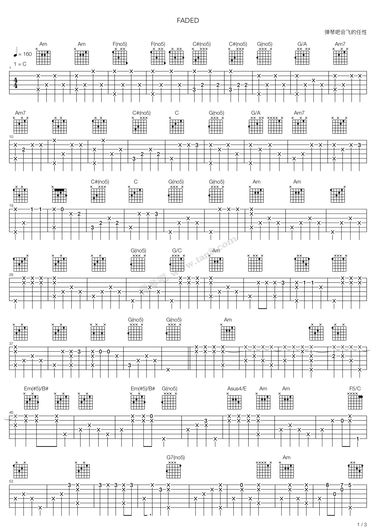 《faded木吉他版》吉他谱-C大调音乐网