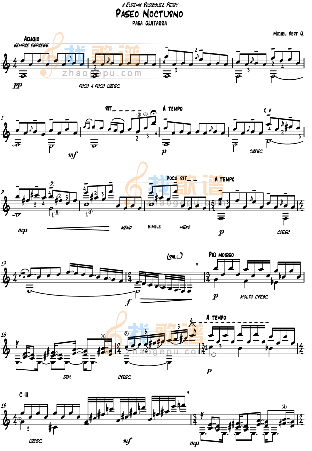 《paseo nocturno-详细指法吉他谱(谱)》吉他谱-C大调音乐网