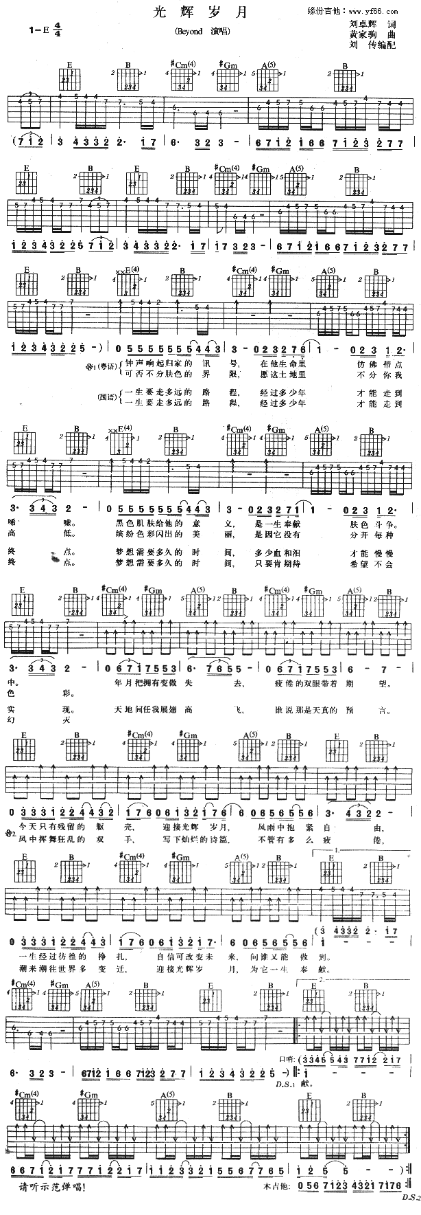 《光辉岁月指弹吉他谱,Beyond吉他谱 - 吉他图谱》吉他谱-C大调音乐网