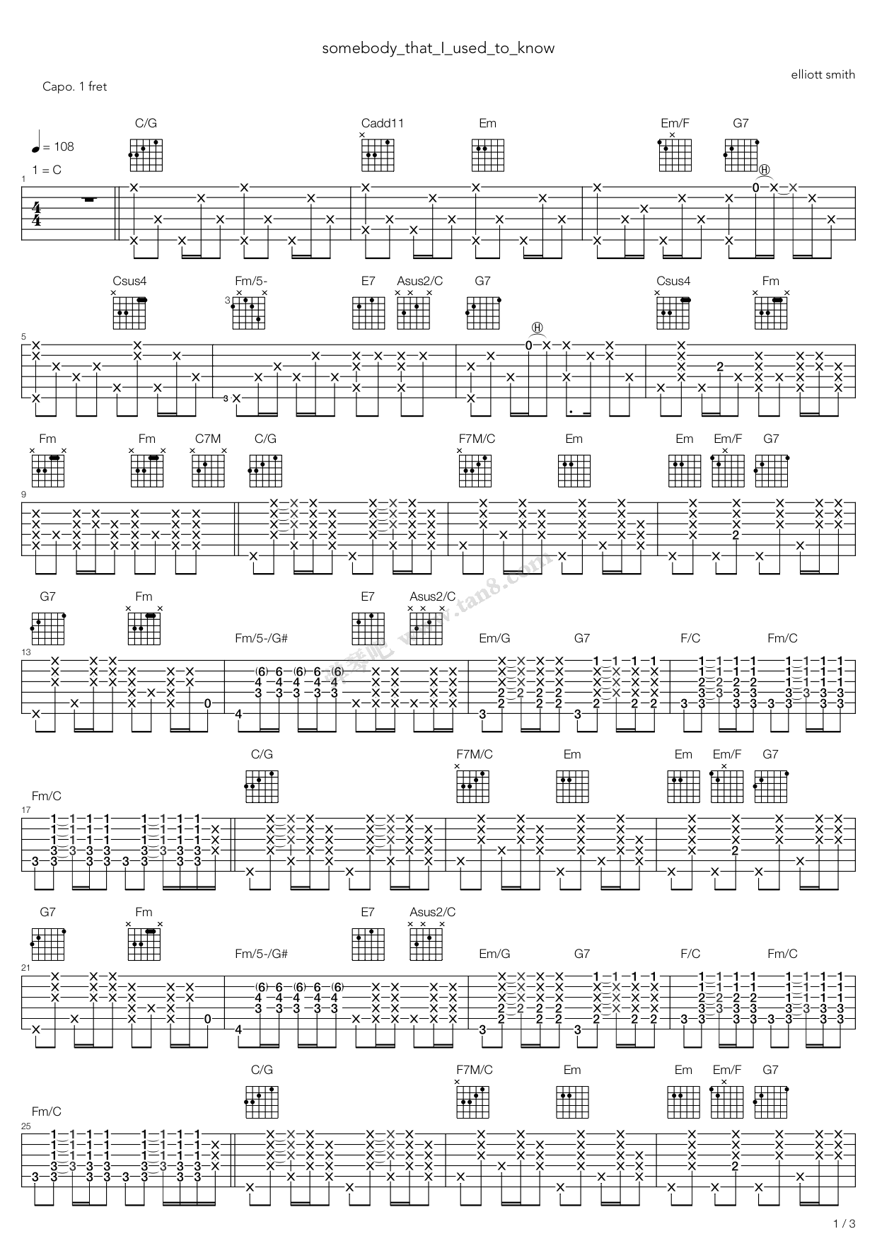 《Somebody That I Used To Know》吉他谱-C大调音乐网