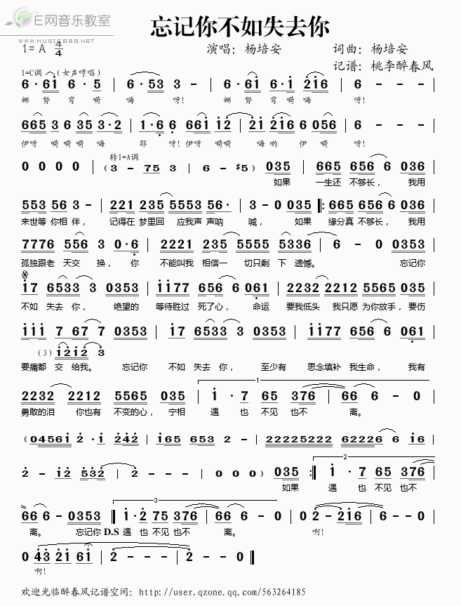 《忘记你不如失去你——杨培安（简谱）》吉他谱-C大调音乐网
