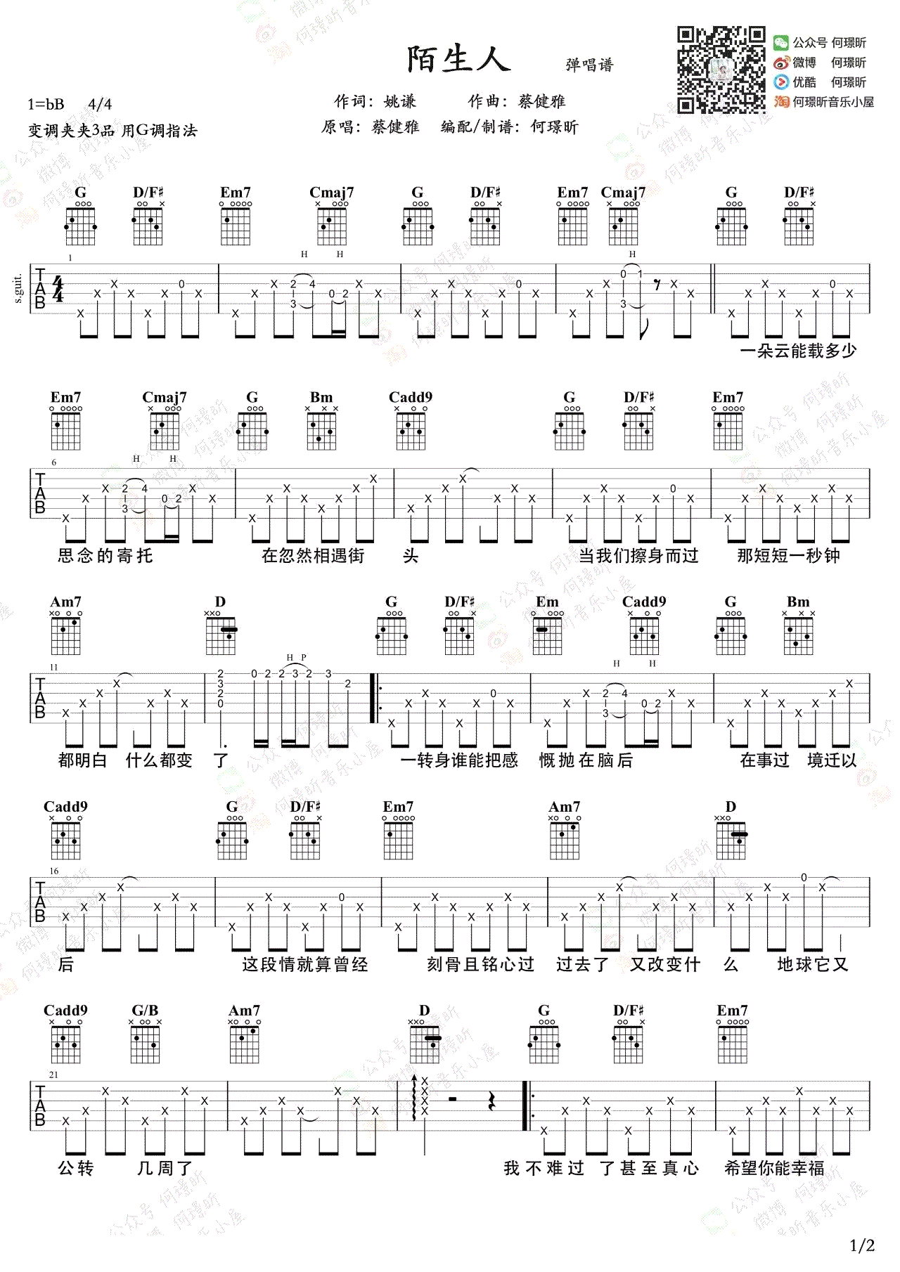 陌生人吉他谱_蔡健雅_G调指法_吉他弹唱示范视频-C大调音乐网