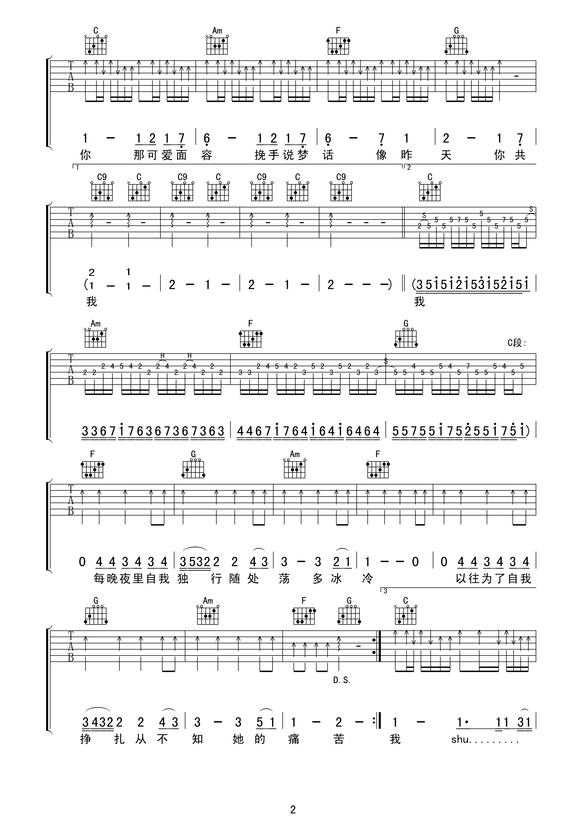 《beyond 喜欢你吉他谱 C调扫弦版》吉他谱-C大调音乐网