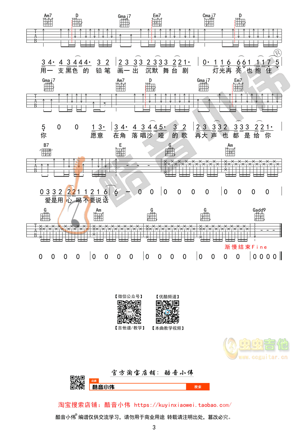 陈奕迅《不要说话》吉他谱中级版（酷音小伟吉他...-C大调音乐网