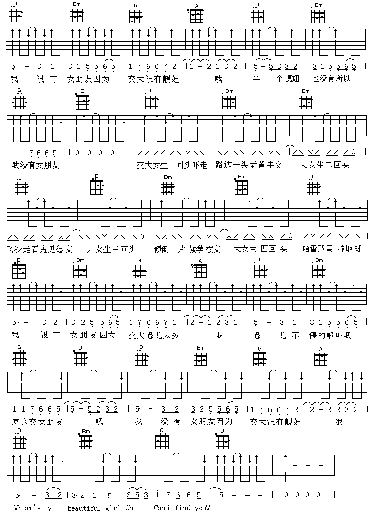 《交大无靓妞》吉他谱-C大调音乐网