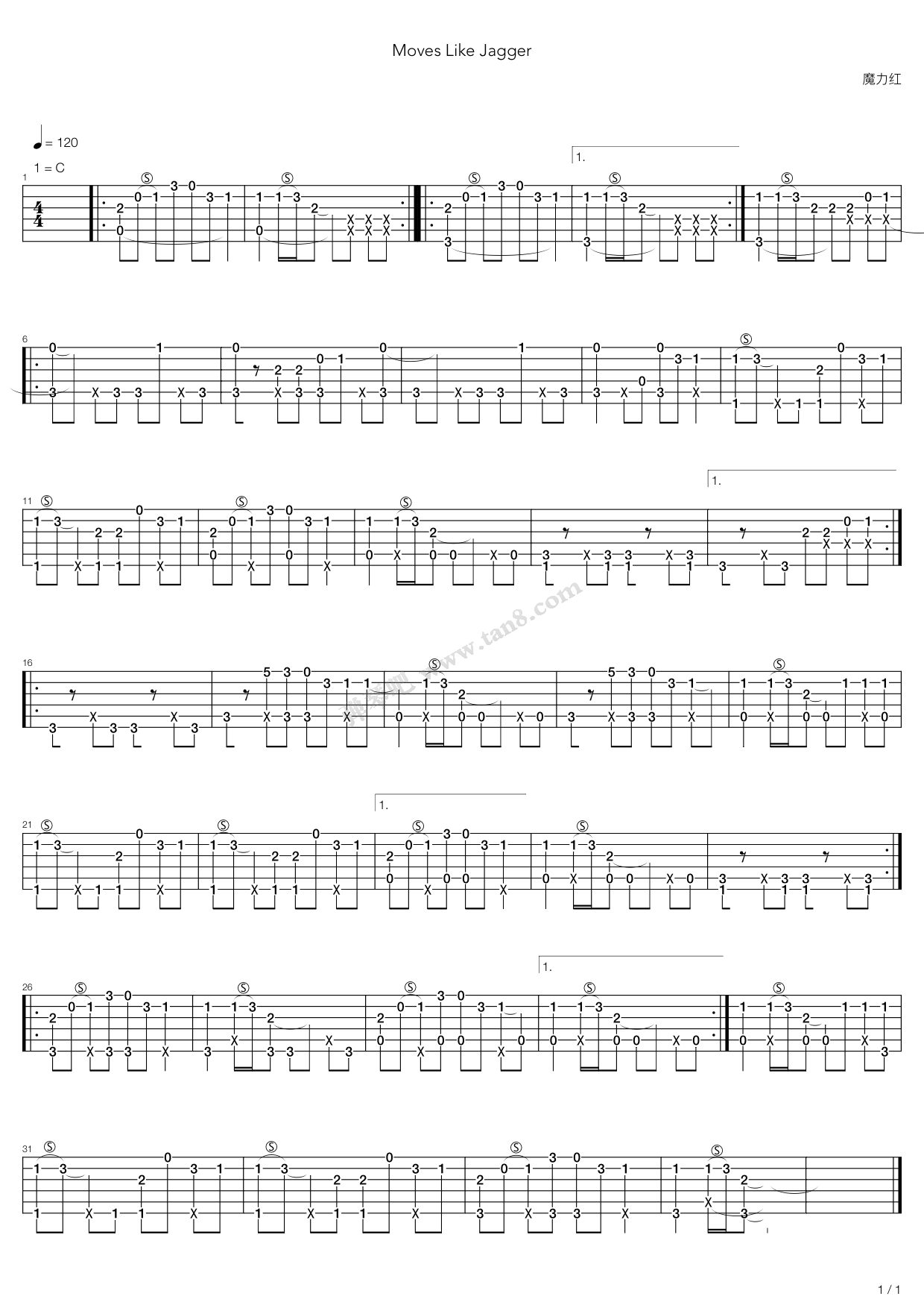 《Moves Like Jagger》吉他谱-C大调音乐网