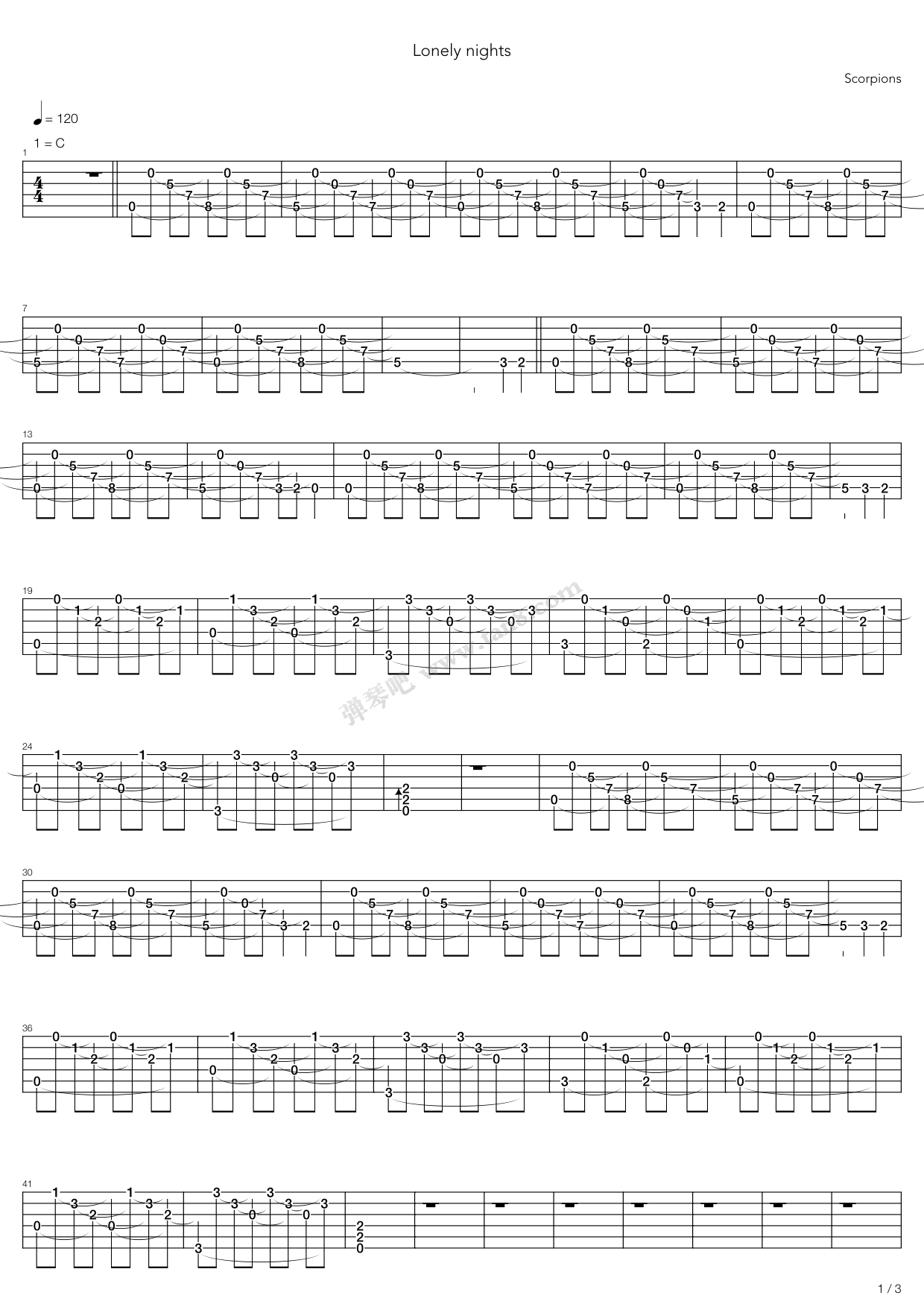 《Lonely Nights》吉他谱-C大调音乐网
