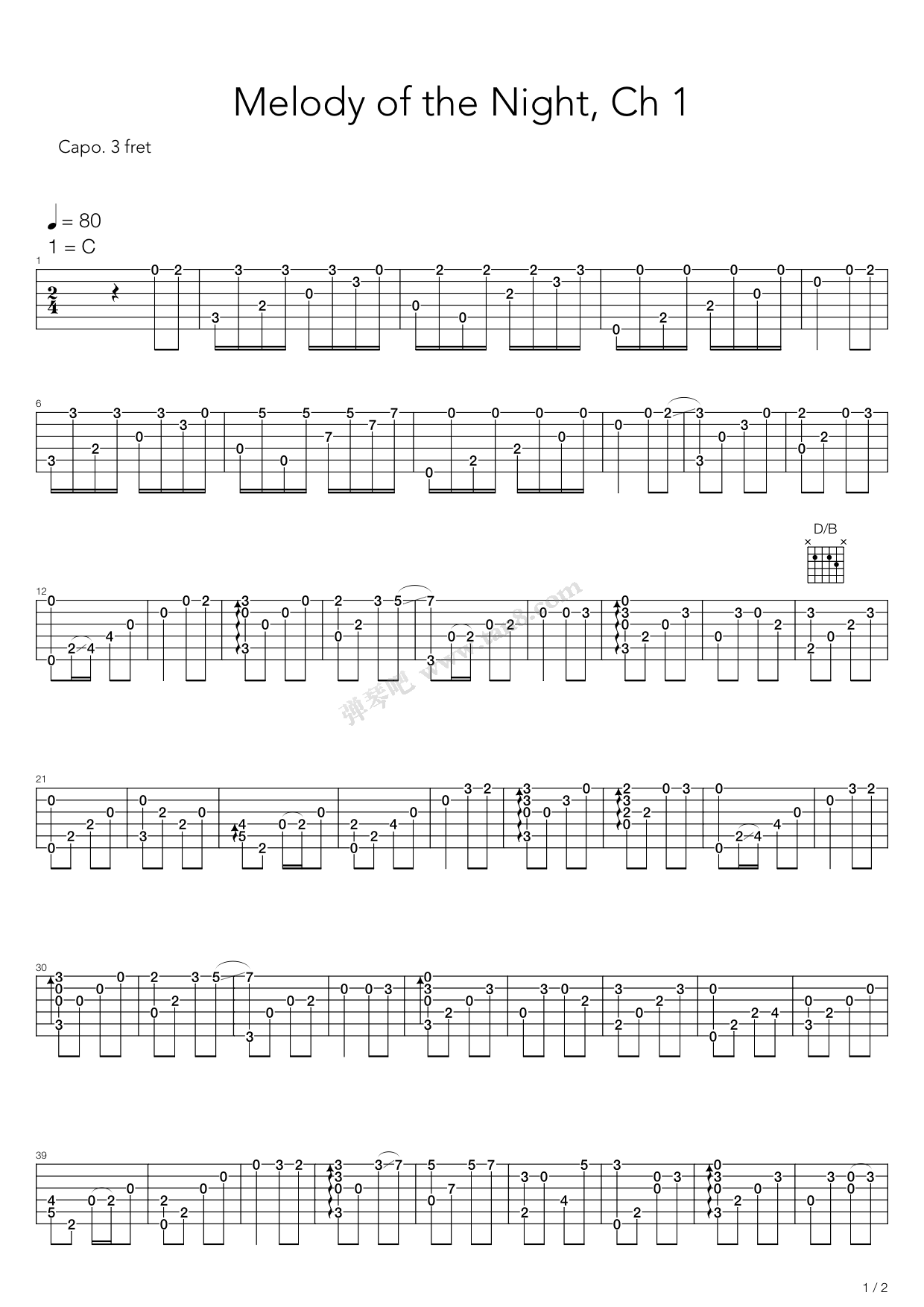 《夜的钢琴曲 一》吉他谱-C大调音乐网