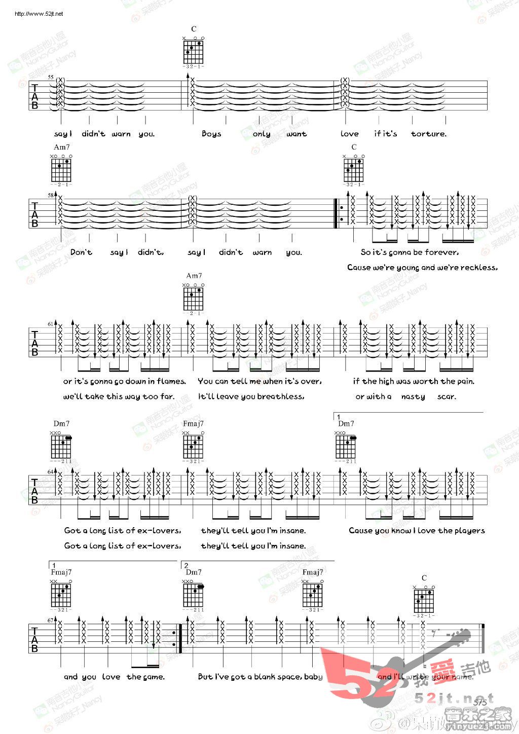 《Blank space 教学视频吉他谱视频》吉他谱-C大调音乐网