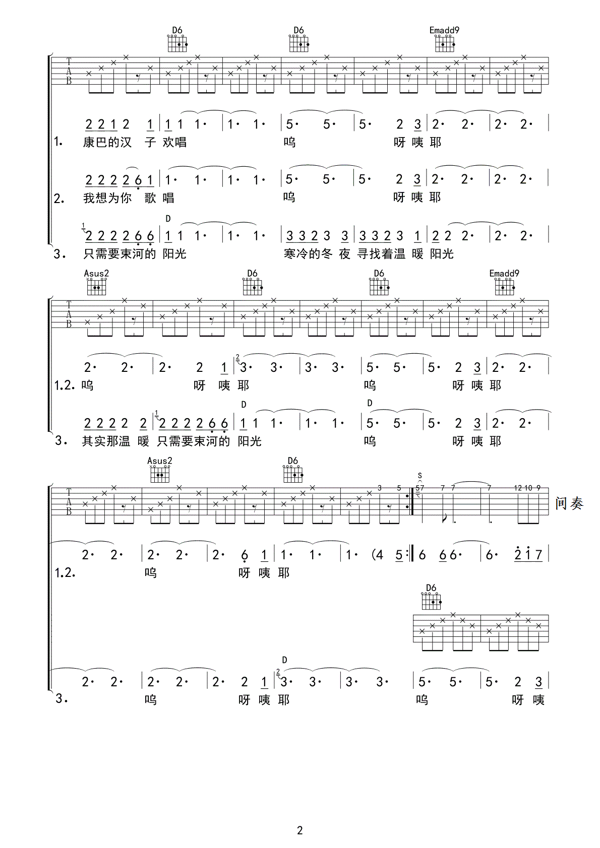 江湖乐队 束河的阳光吉他谱-C大调音乐网