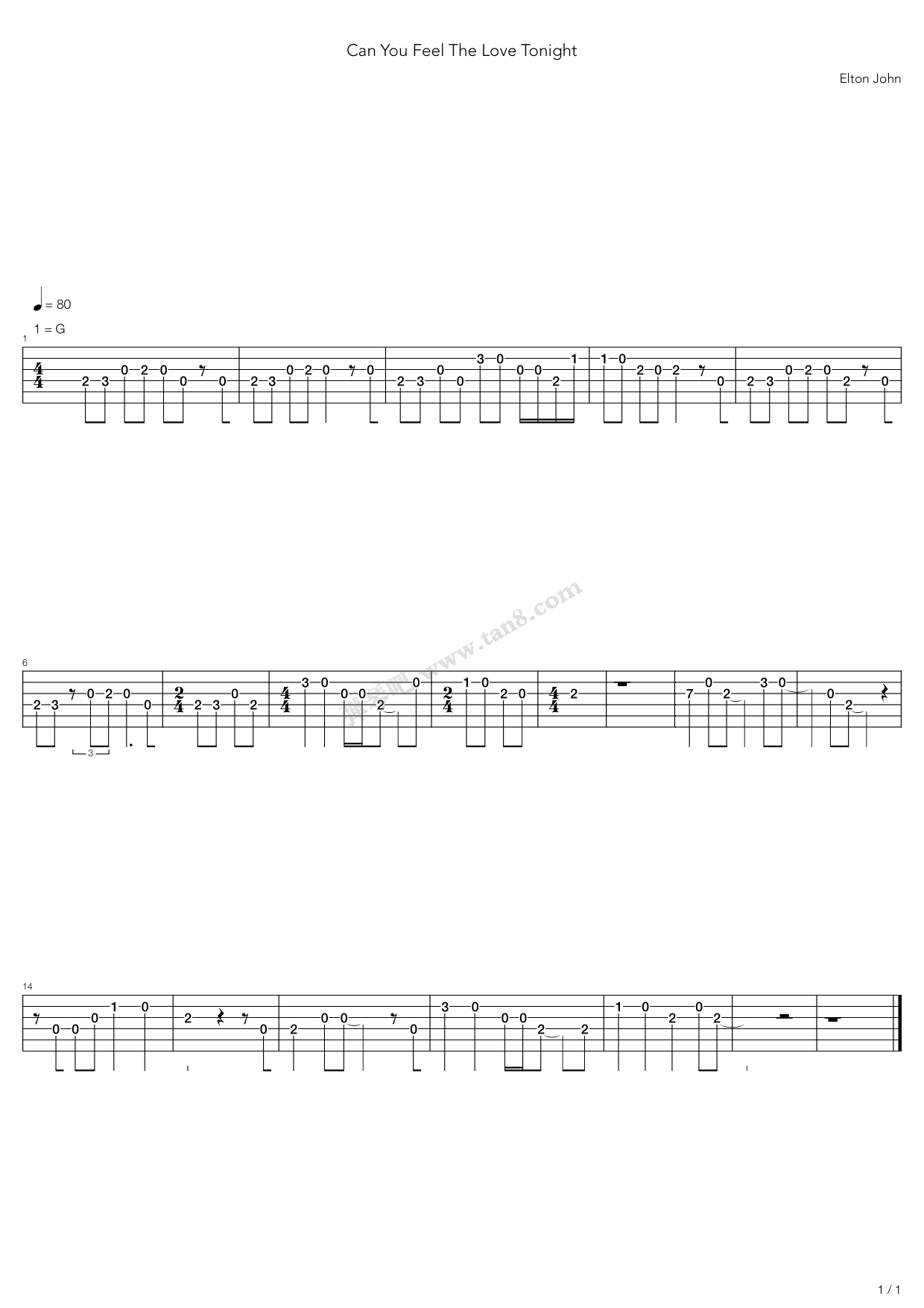 《Can You Feel The Love Tonight》吉他谱-C大调音乐网