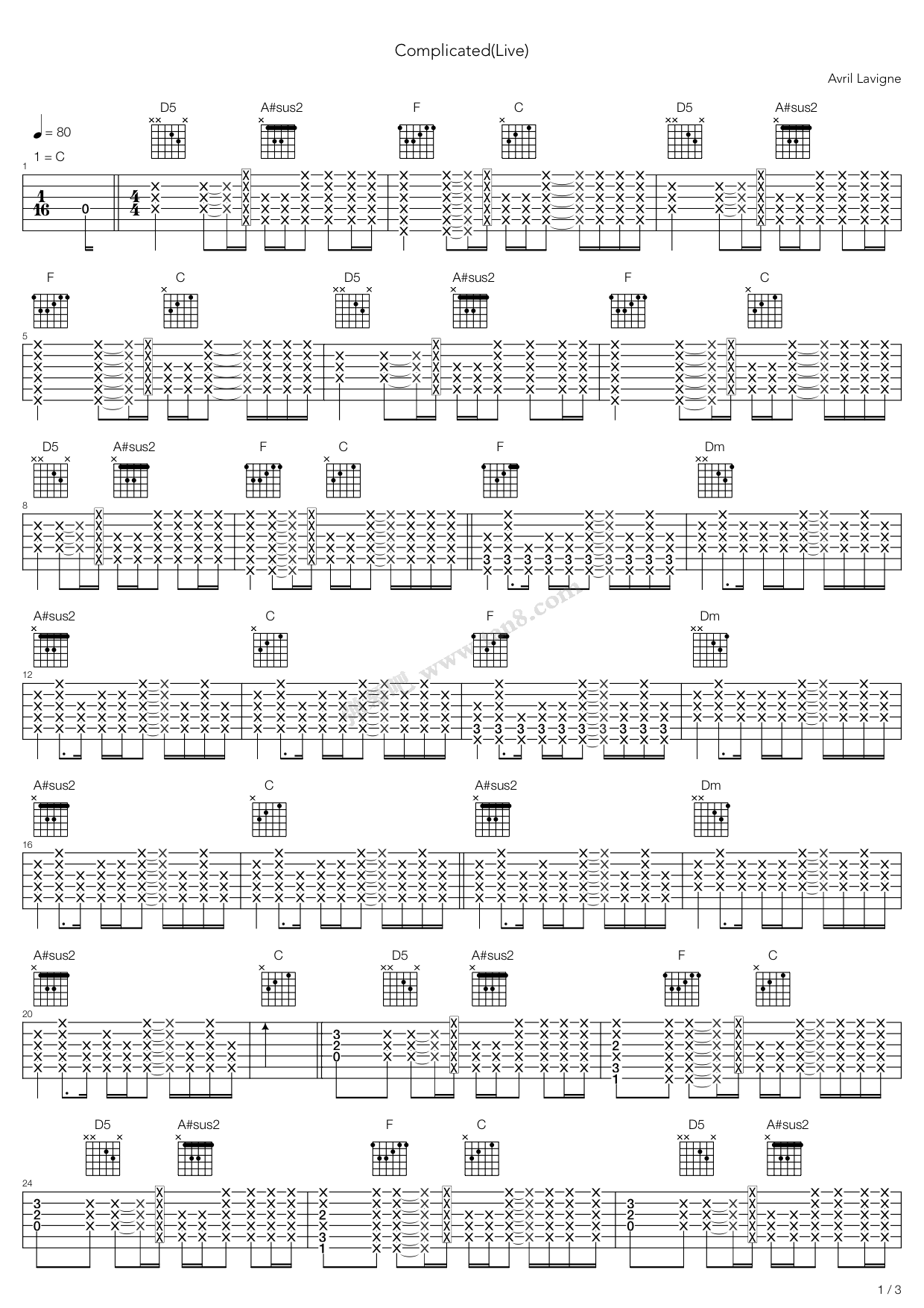 《Complicated》吉他谱-C大调音乐网
