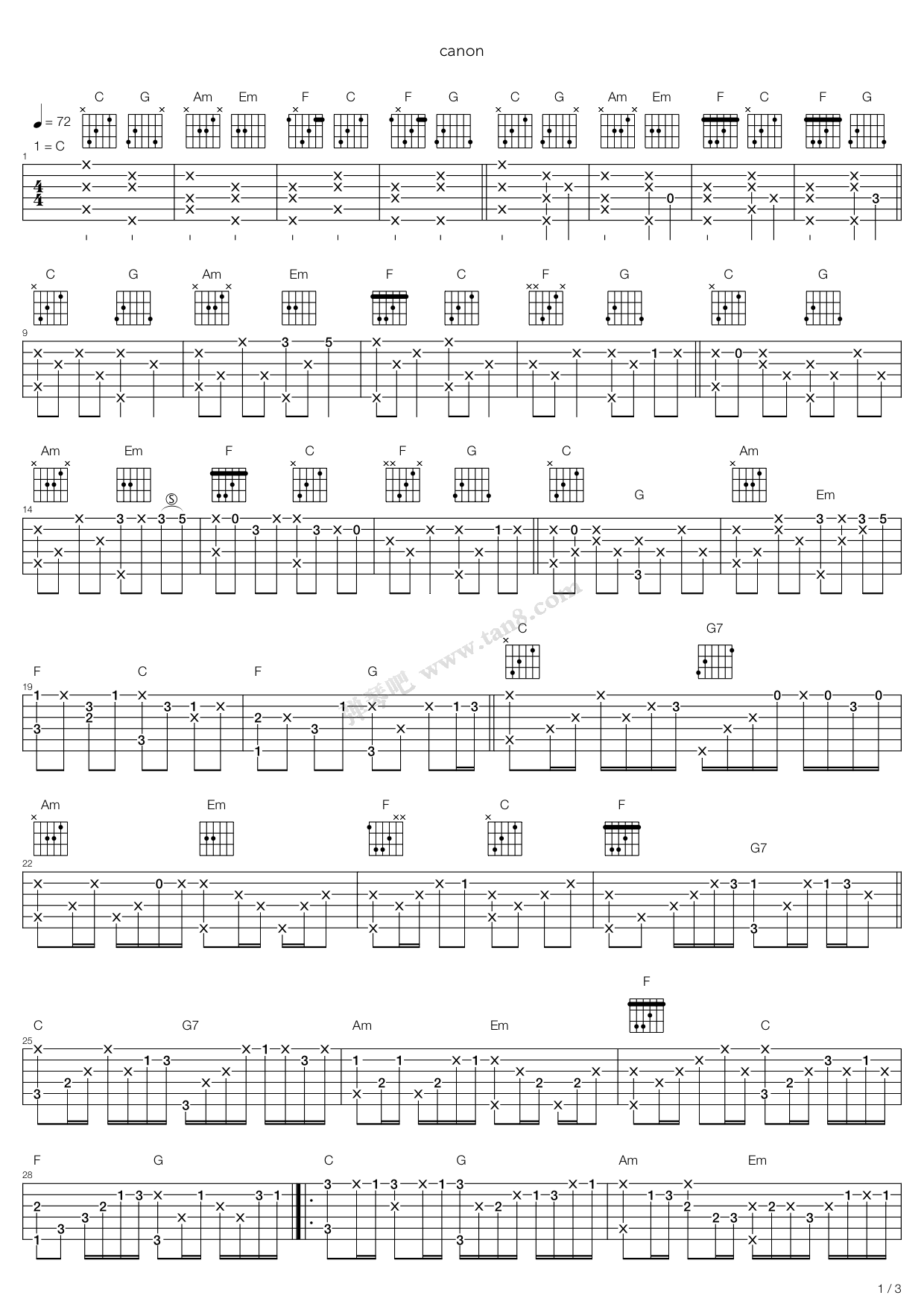 《卡农(Canon)》吉他谱-C大调音乐网