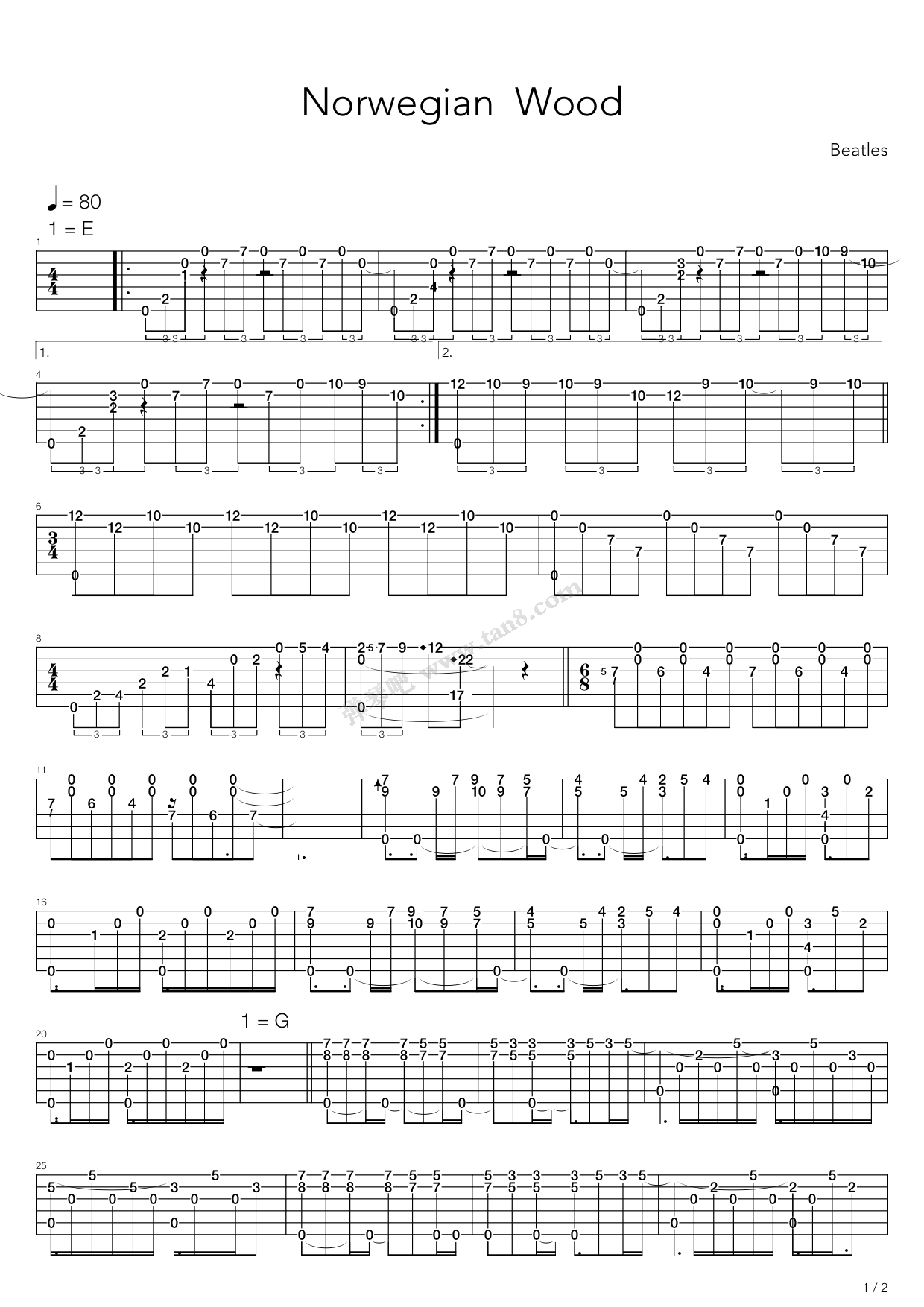 《Norwegian Wood(挪威森林)》吉他谱-C大调音乐网