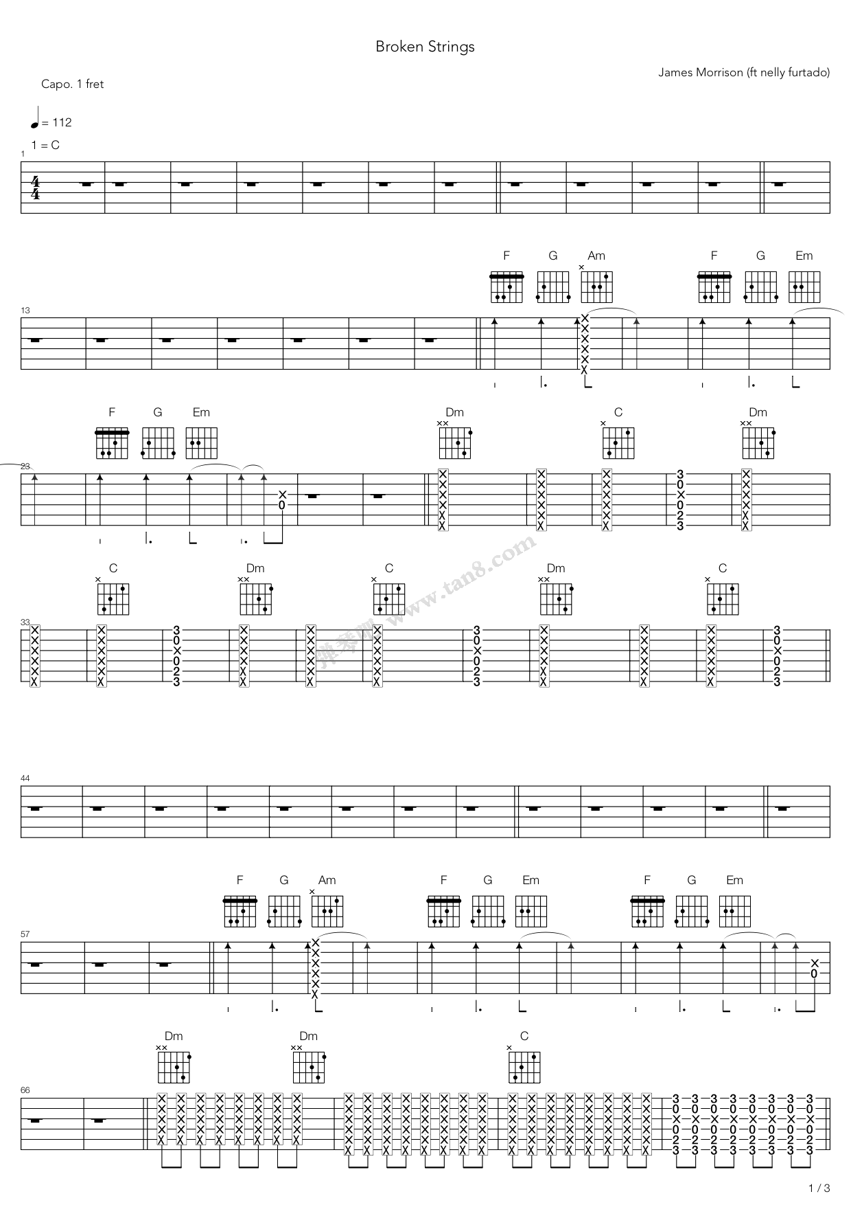 《Broken Strings》吉他谱-C大调音乐网