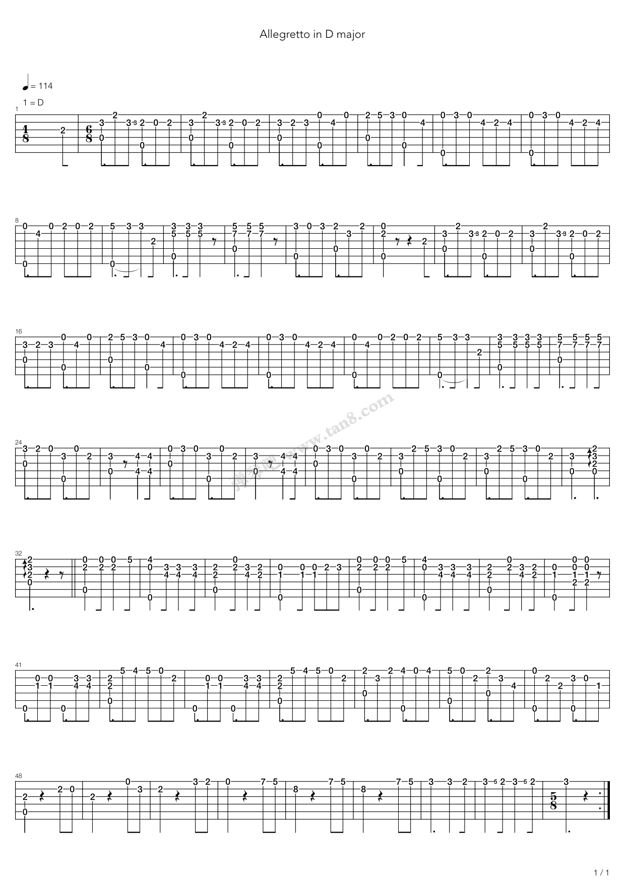 《Allegretto In D Major》吉他谱-C大调音乐网