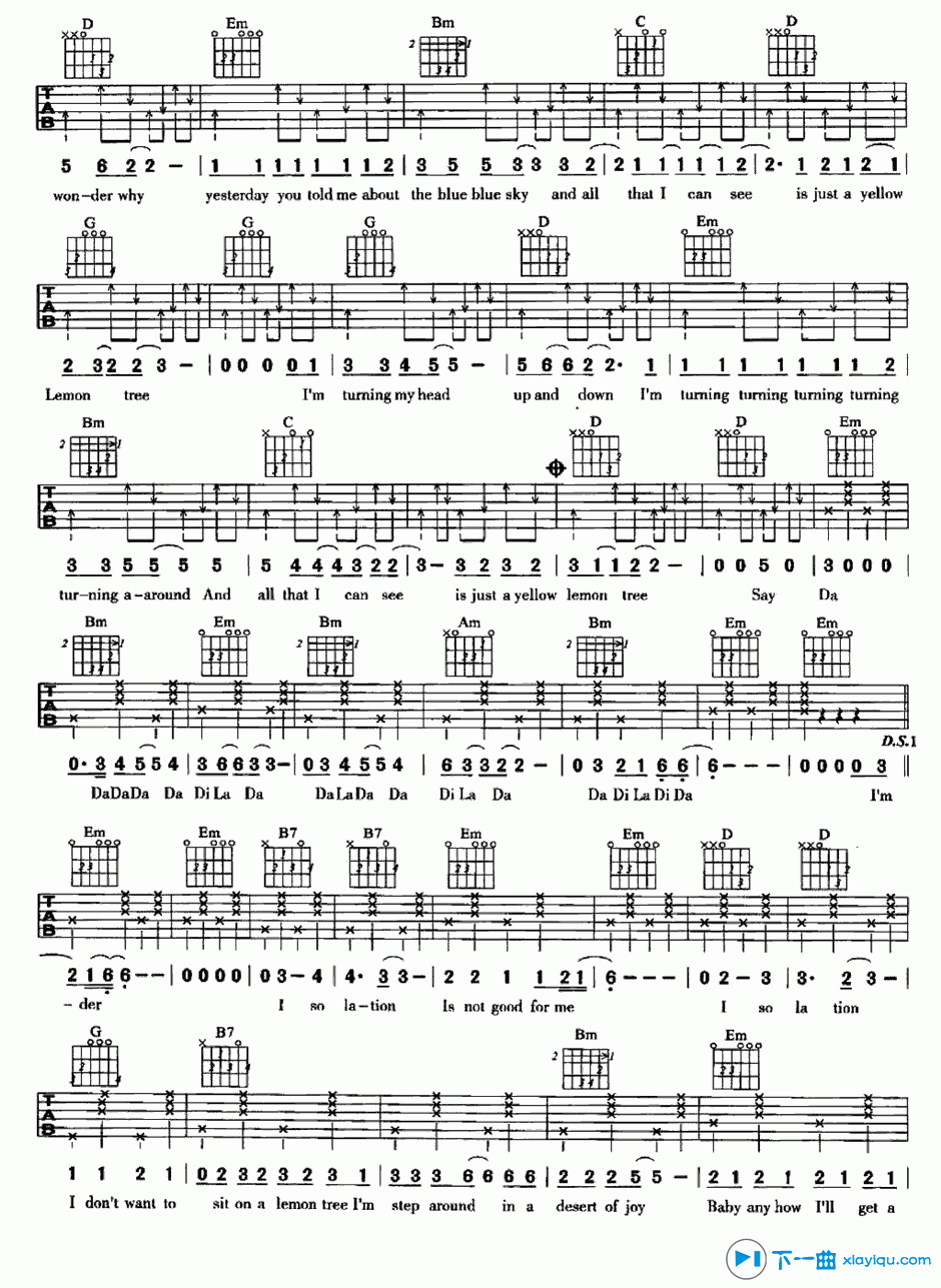 《柠檬树吉他谱A调_傻瓜花园柠檬树吉他六线谱》吉他谱-C大调音乐网
