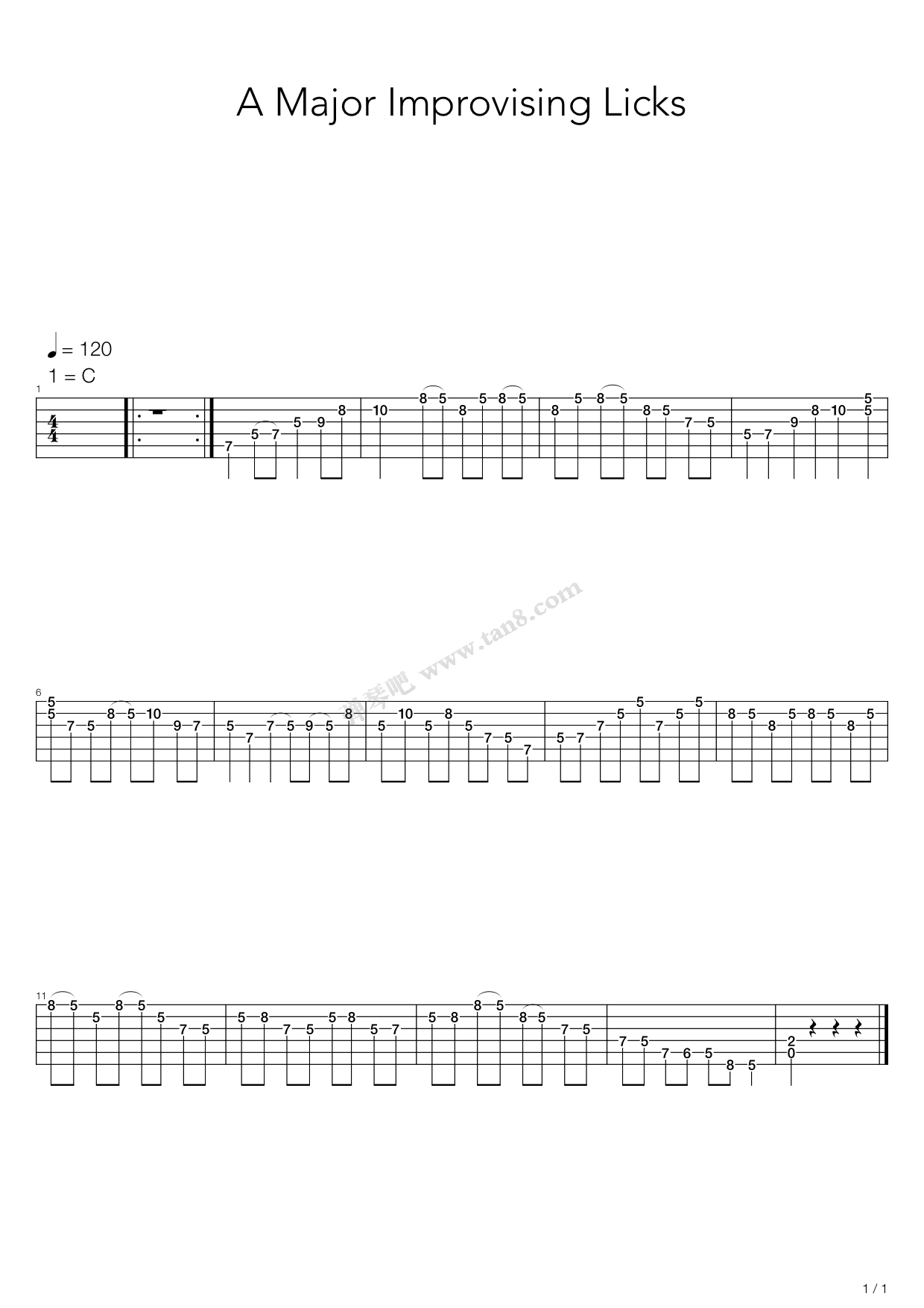 《布鲁斯练习 - A Major Improvising Licks》吉他谱-C大调音乐网