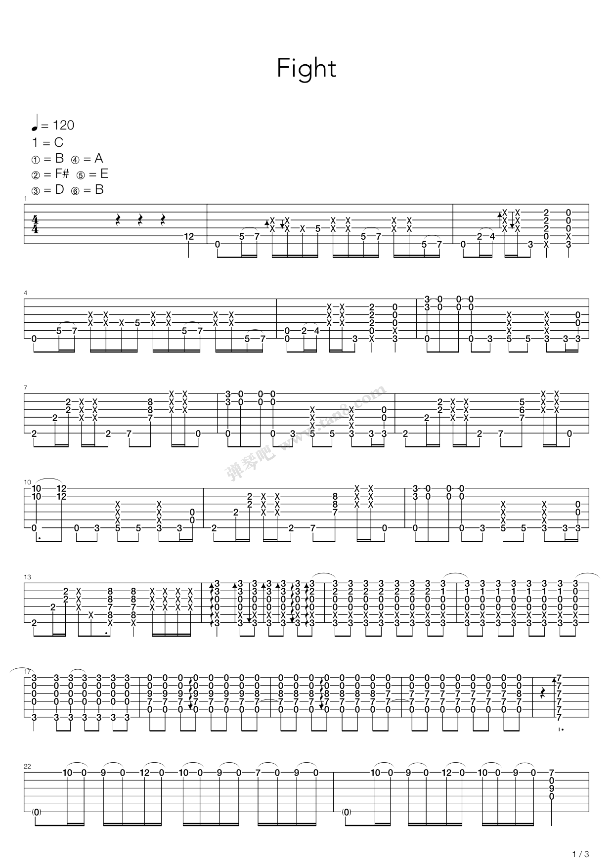 《Fight (增加指法标注 点弦)》吉他谱-C大调音乐网