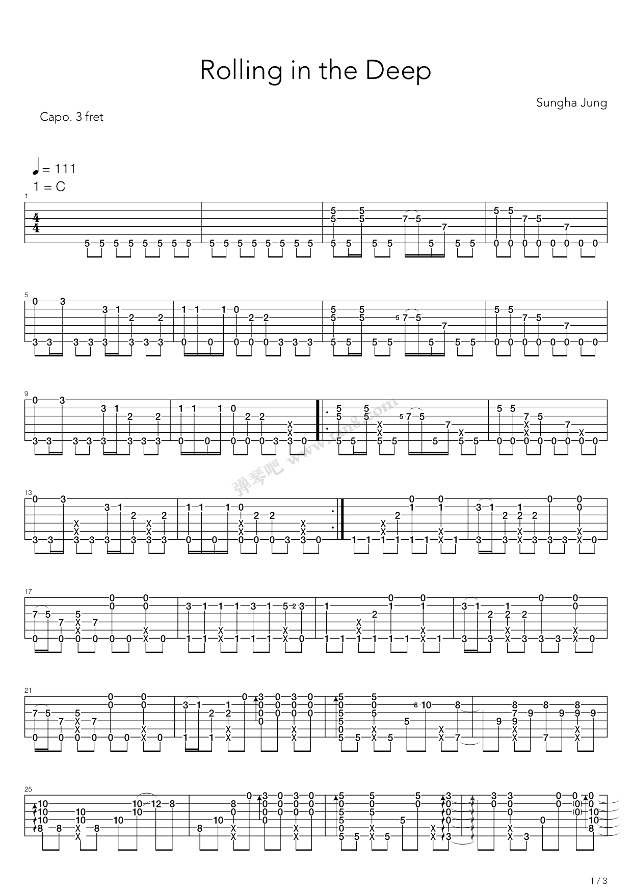 《Rolling In The Deep（指弹版，郑成河）》吉他谱-C大调音乐网