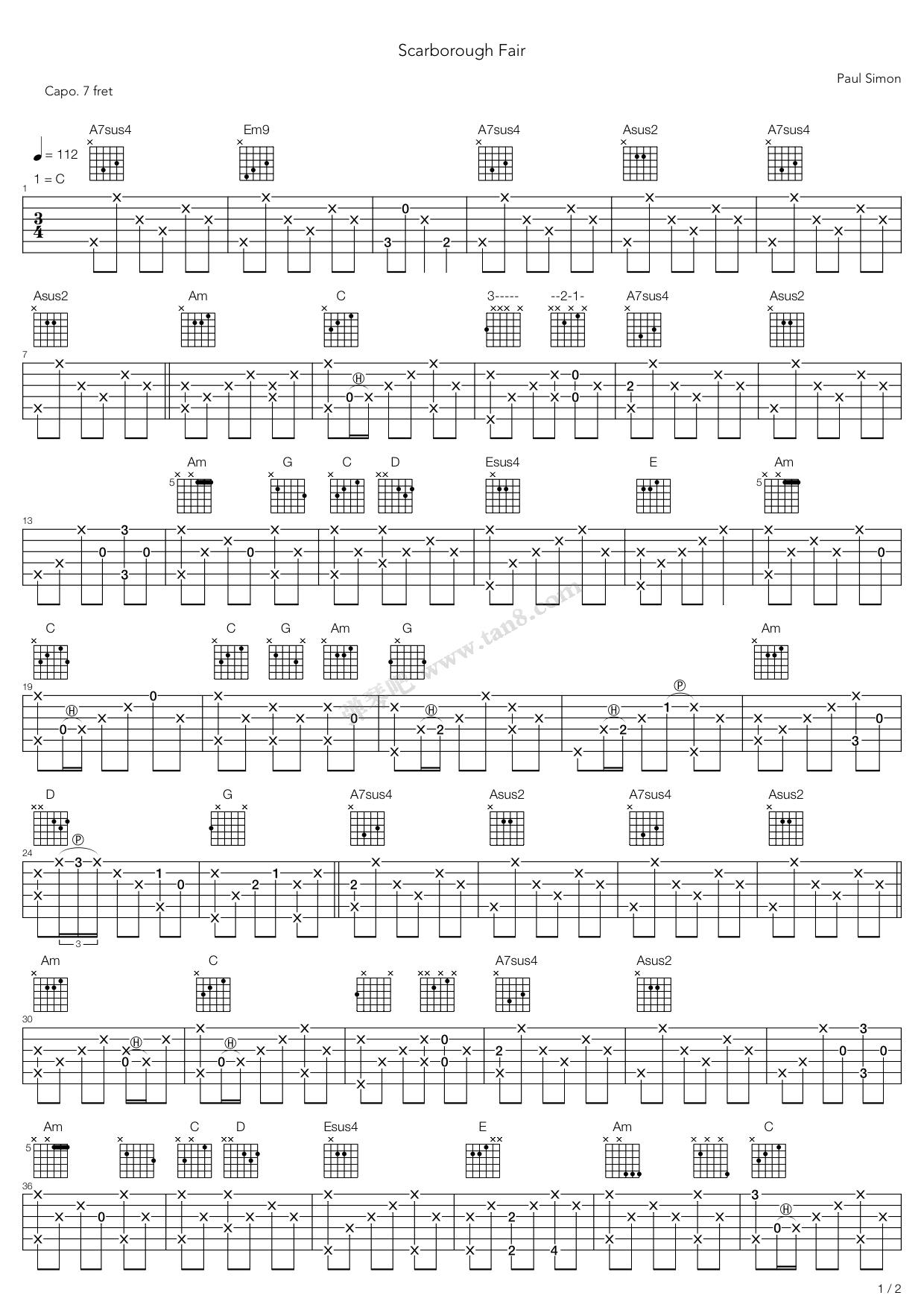 斯卡保罗集市吉他谱_Paul Simon,Art Garfunke_C调指弹 - 吉他世界