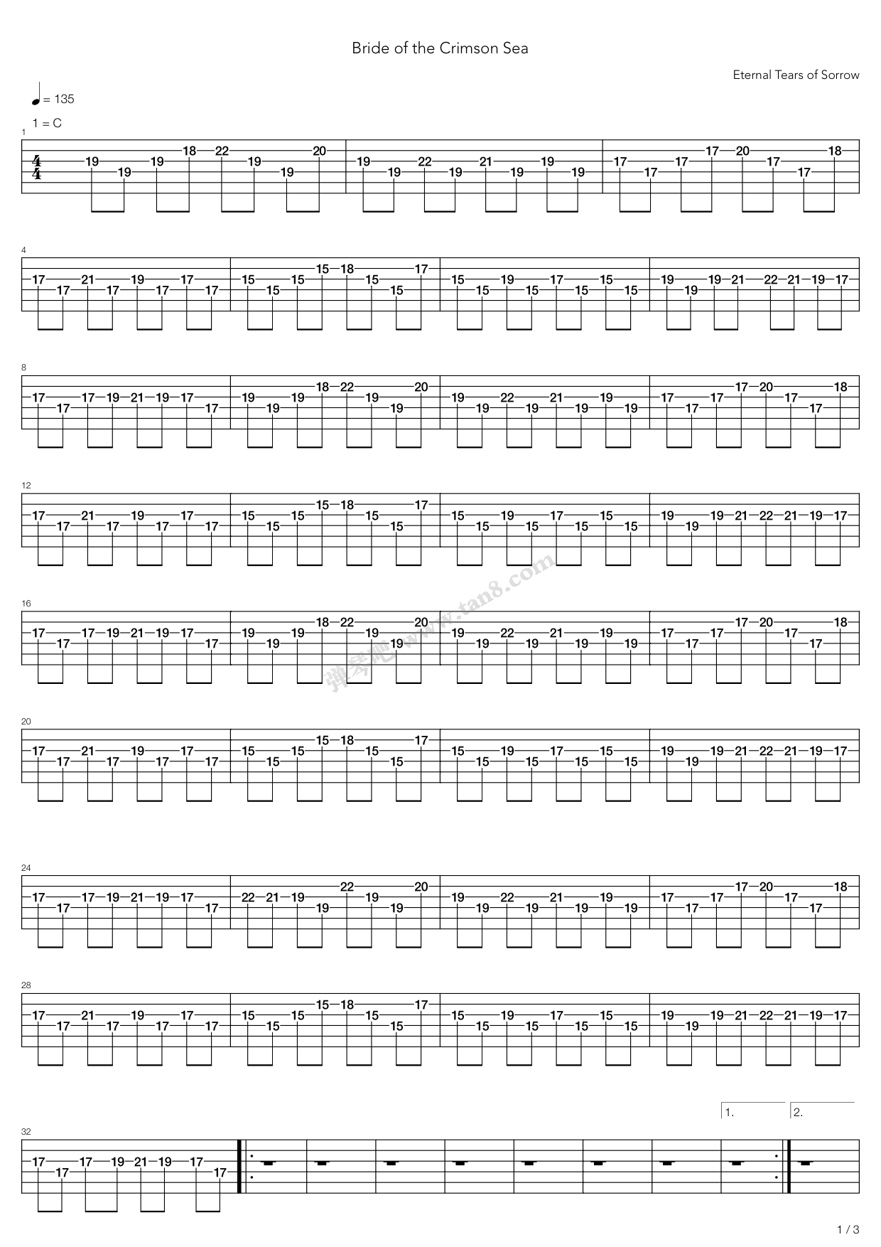 《Eternal Tears Of Sorrow》吉他谱-C大调音乐网