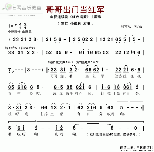 《哥哥出门当红军-雷佳 孙维良(电视剧《《红色摇篮》主题歌简谱)》吉他谱-C大调音乐网