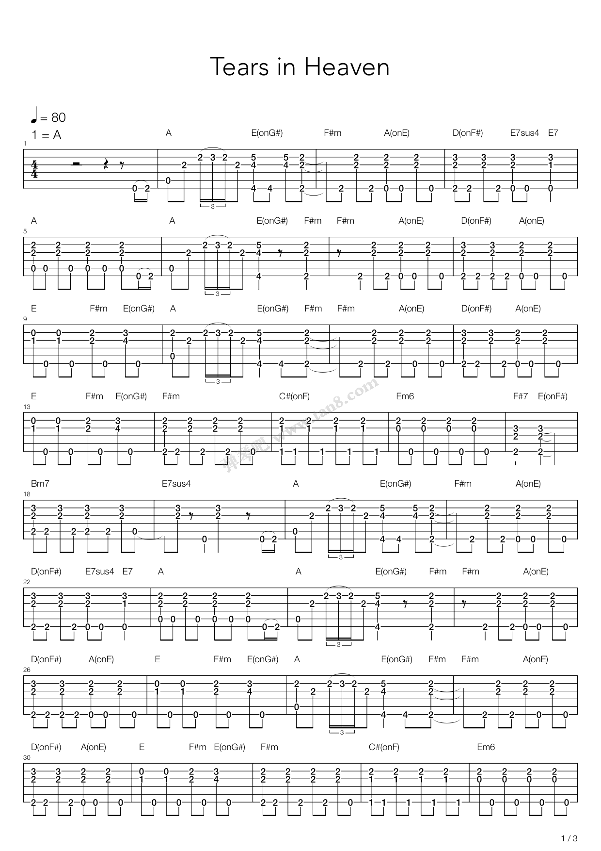 《Tears In Heaven(泪洒天堂)》吉他谱-C大调音乐网