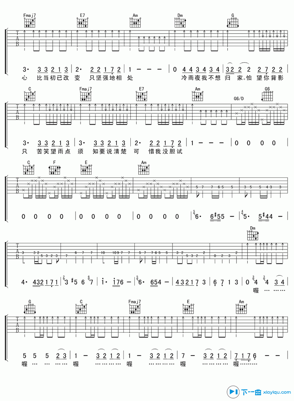 《冷雨夜吉他谱C调_Beyond冷雨夜吉他六线谱》吉他谱-C大调音乐网