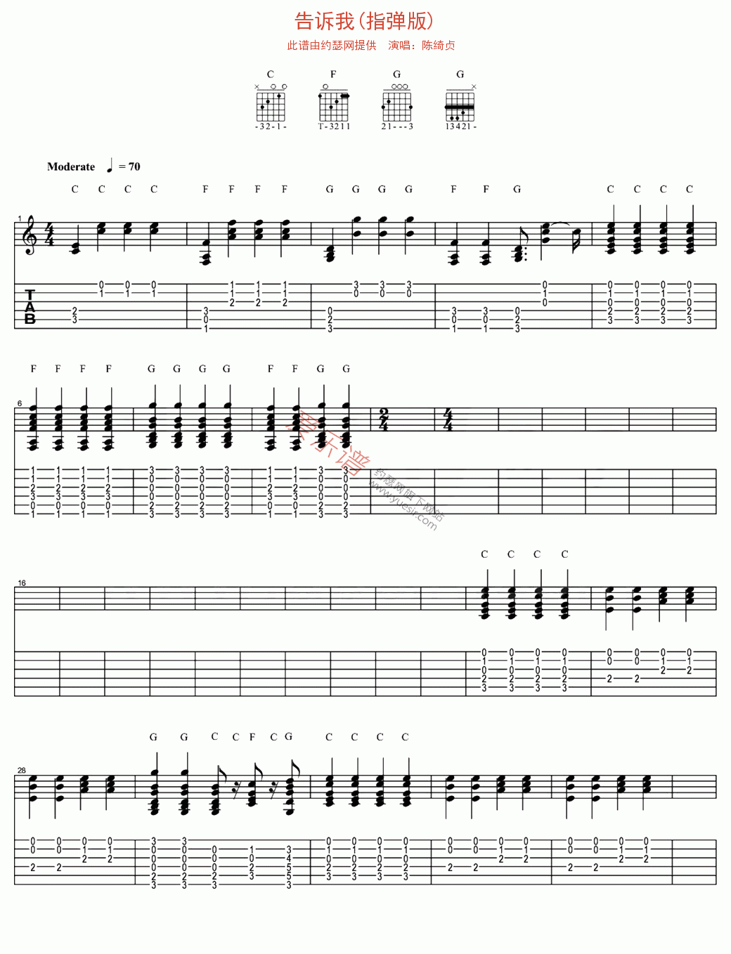 《陈绮贞《告诉我(指弹版)》》吉他谱-C大调音乐网