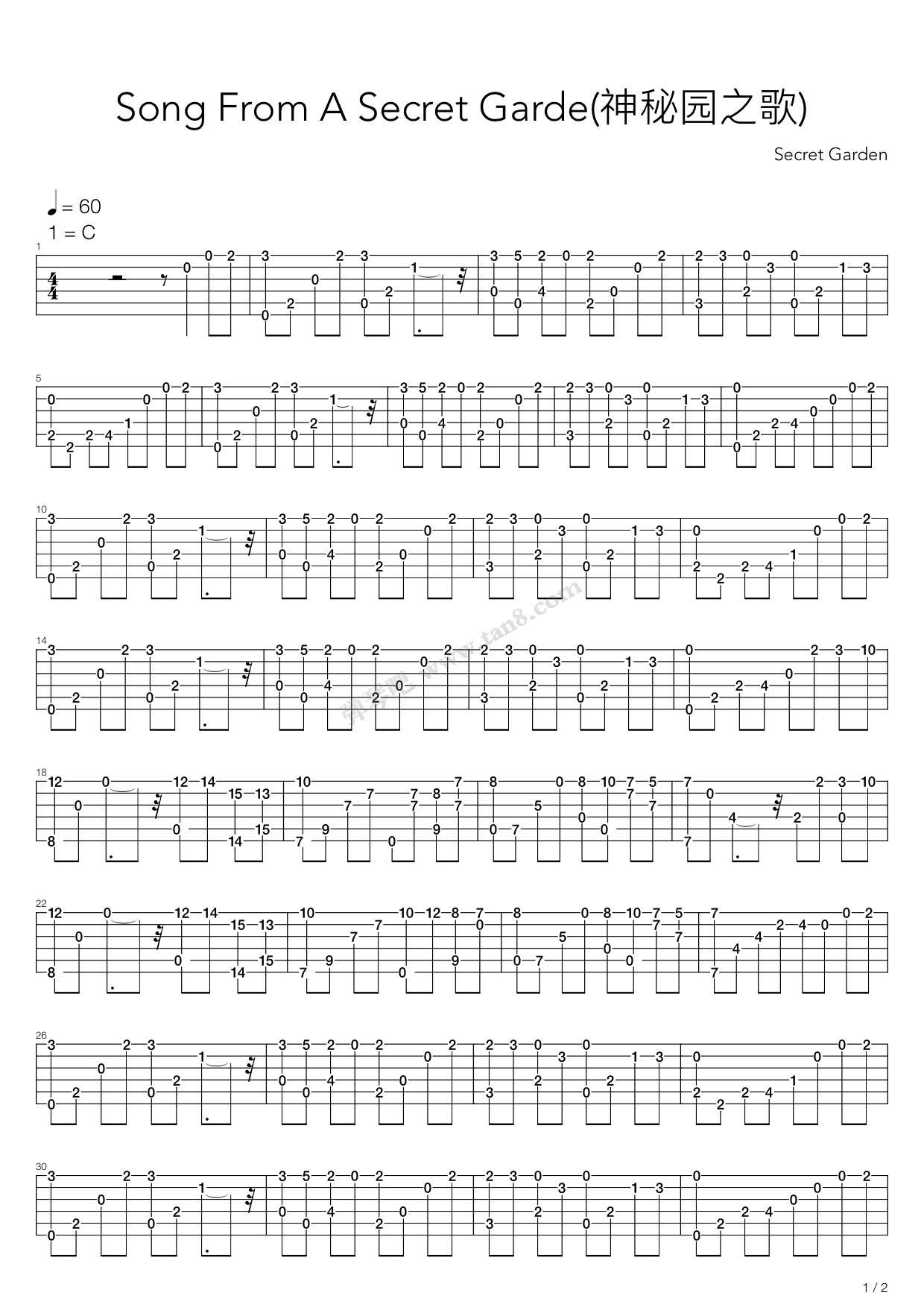 《Song From A Secret Garden(神秘园之歌)》吉他谱-C大调音乐网