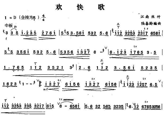 《欢快歌-江南丝竹(笛子曲谱_简谱)》吉他谱-C大调音乐网