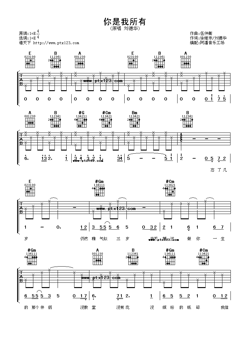 刘德华 你是我所有吉他谱-C大调音乐网