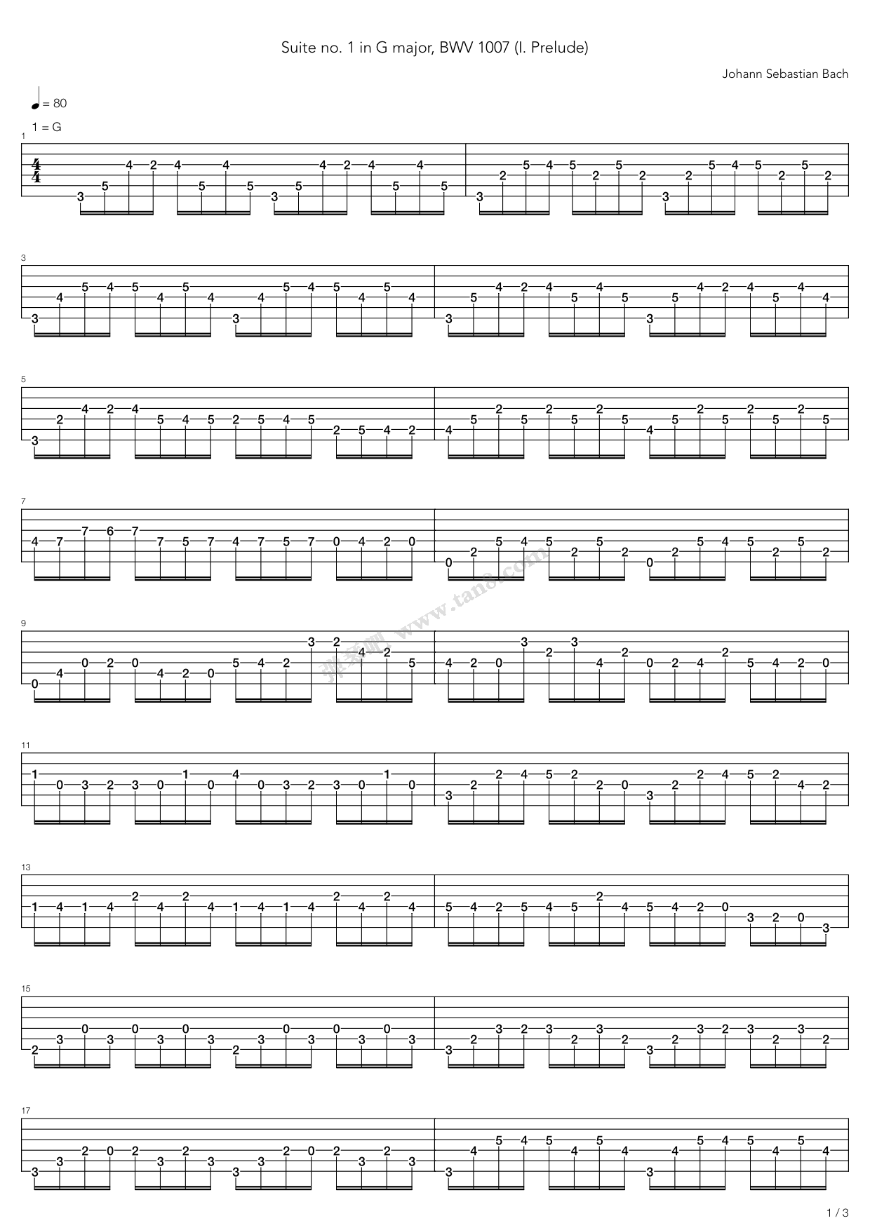 《Suite No 1 Bwv 1007》吉他谱-C大调音乐网