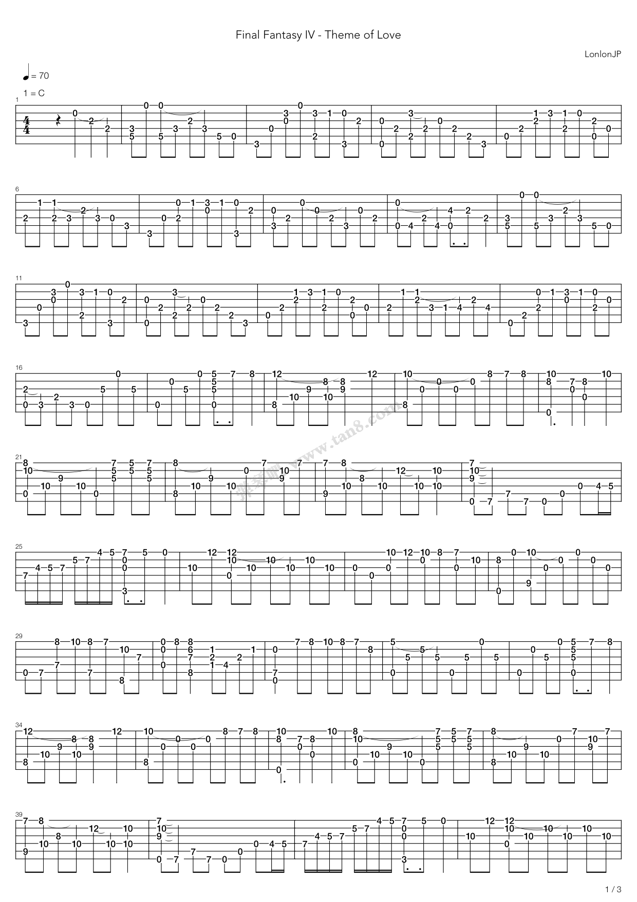《Theme Of Love(最终幻想4)》吉他谱-C大调音乐网