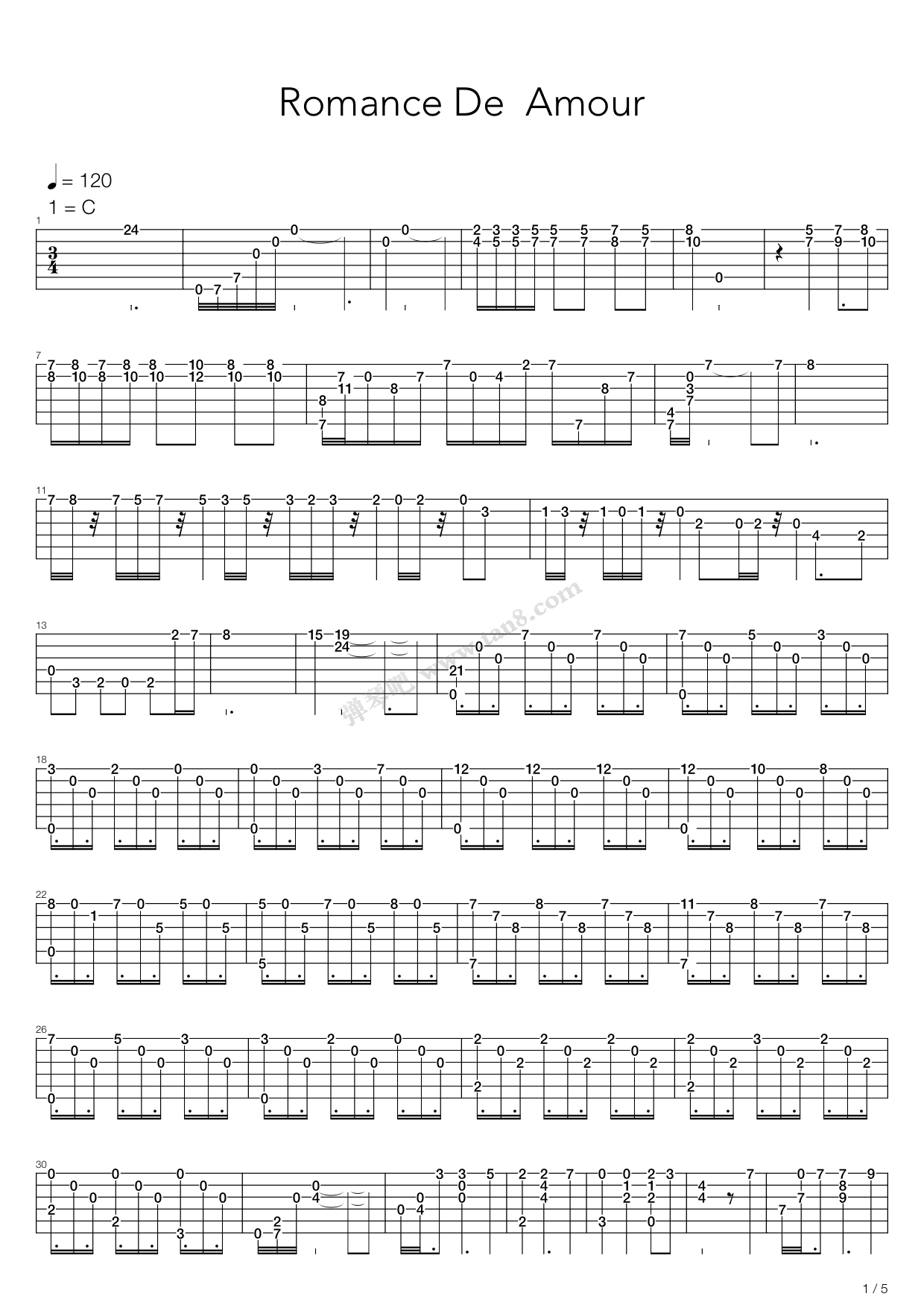 《爱的罗曼史》吉他谱-C大调音乐网