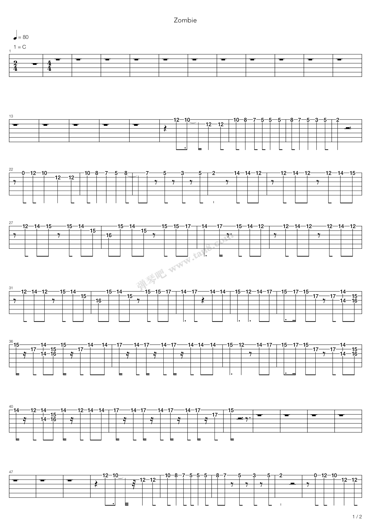 《Zombie》吉他谱-C大调音乐网