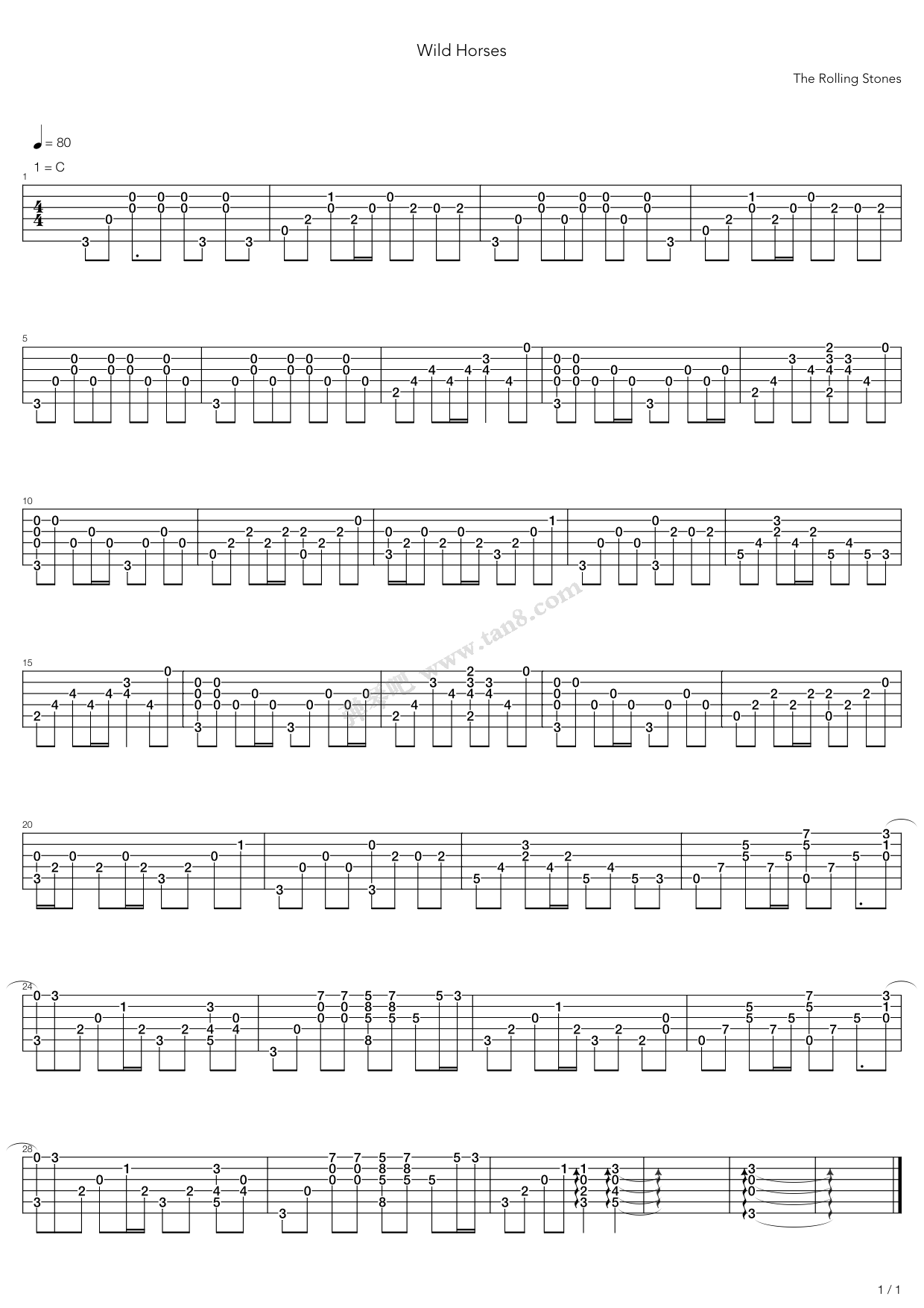 《Wild Horses》吉他谱-C大调音乐网