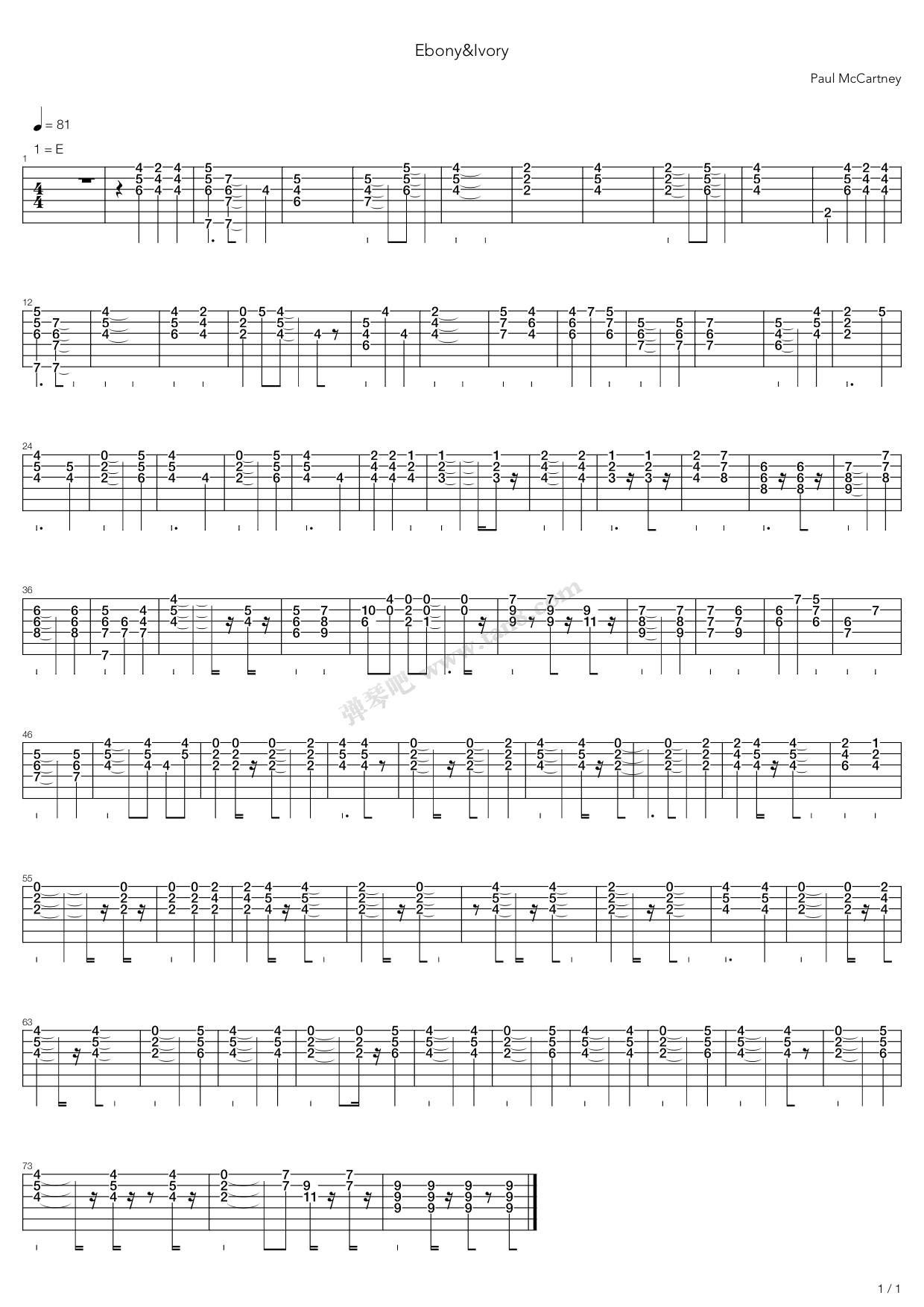 《Ebony And Ivory》吉他谱-C大调音乐网