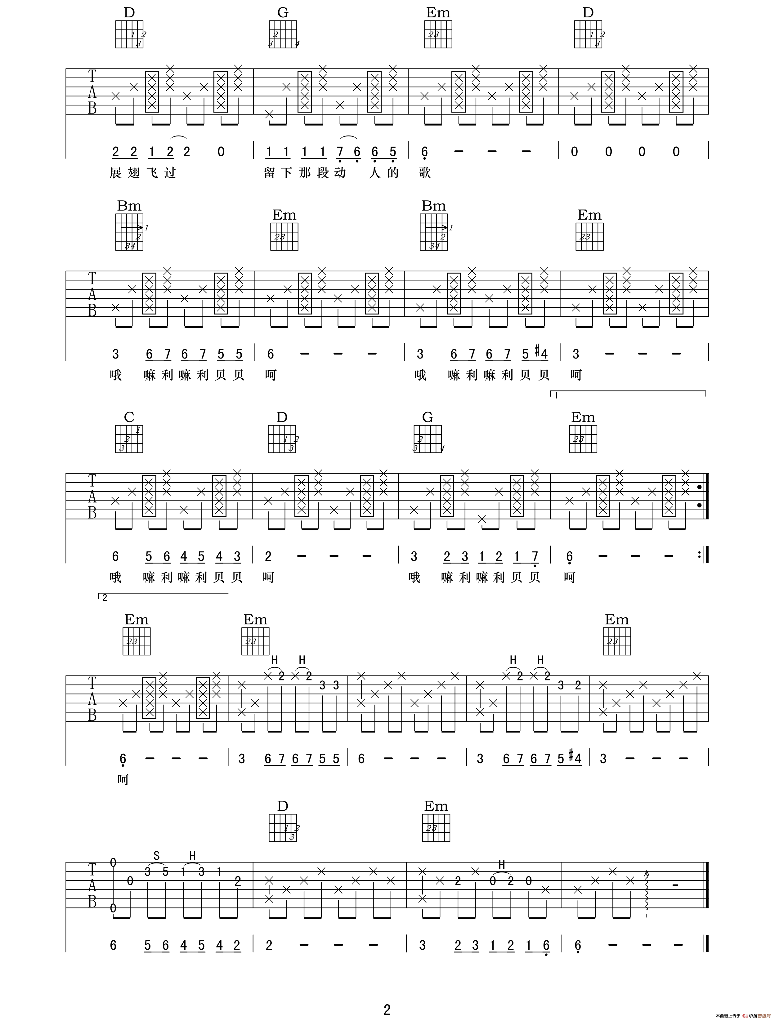 《家乡（韩红词曲、梦短弦音编配版）》吉他谱-C大调音乐网