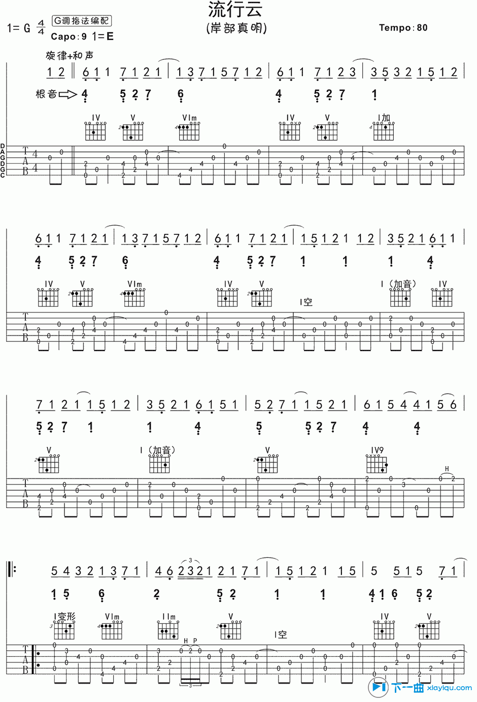 《流行的云吉他谱G调_岸部真明流行的云六线谱》吉他谱-C大调音乐网