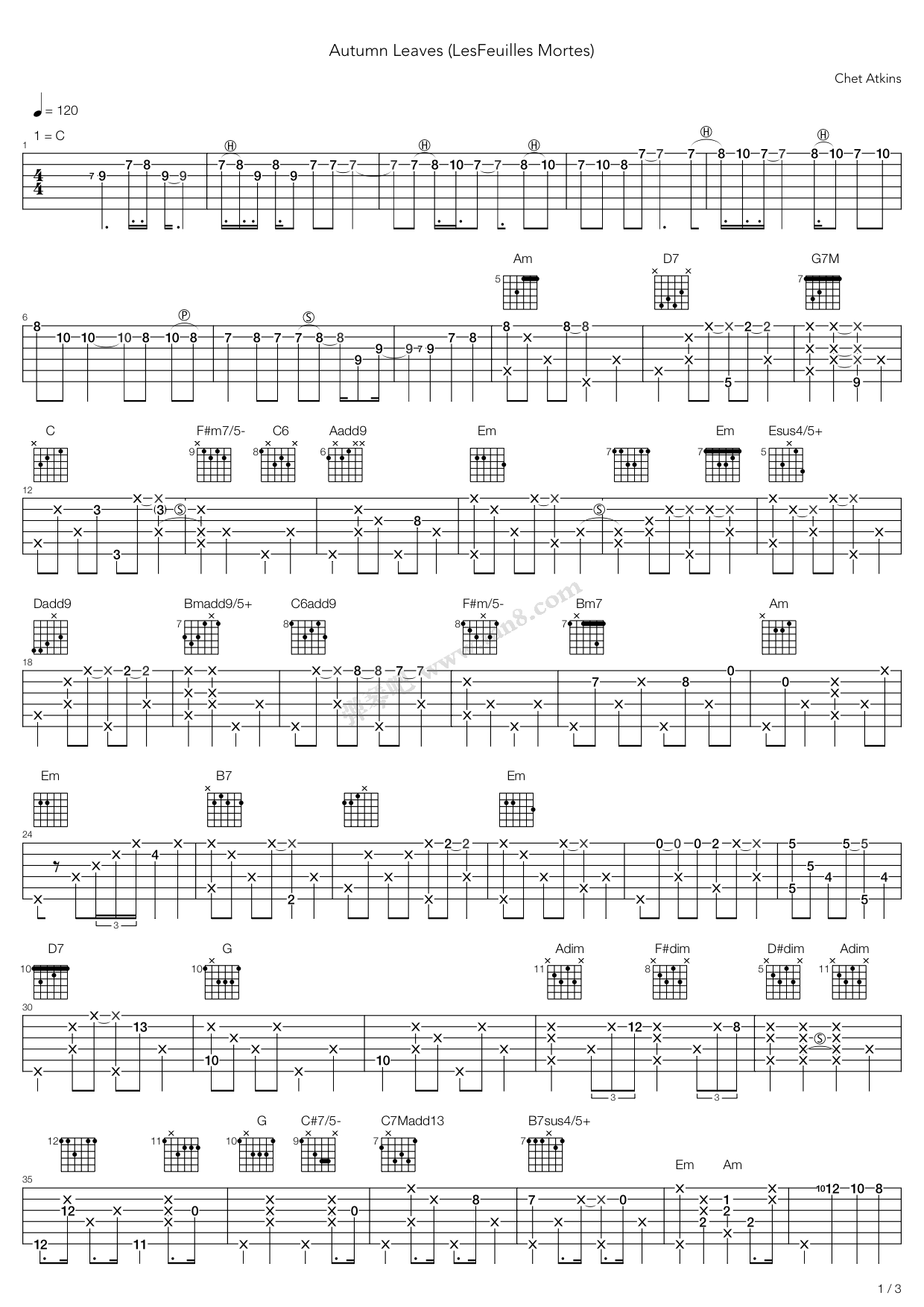 《Autumn Leaves Lesfeuilles Mortes》吉他谱-C大调音乐网