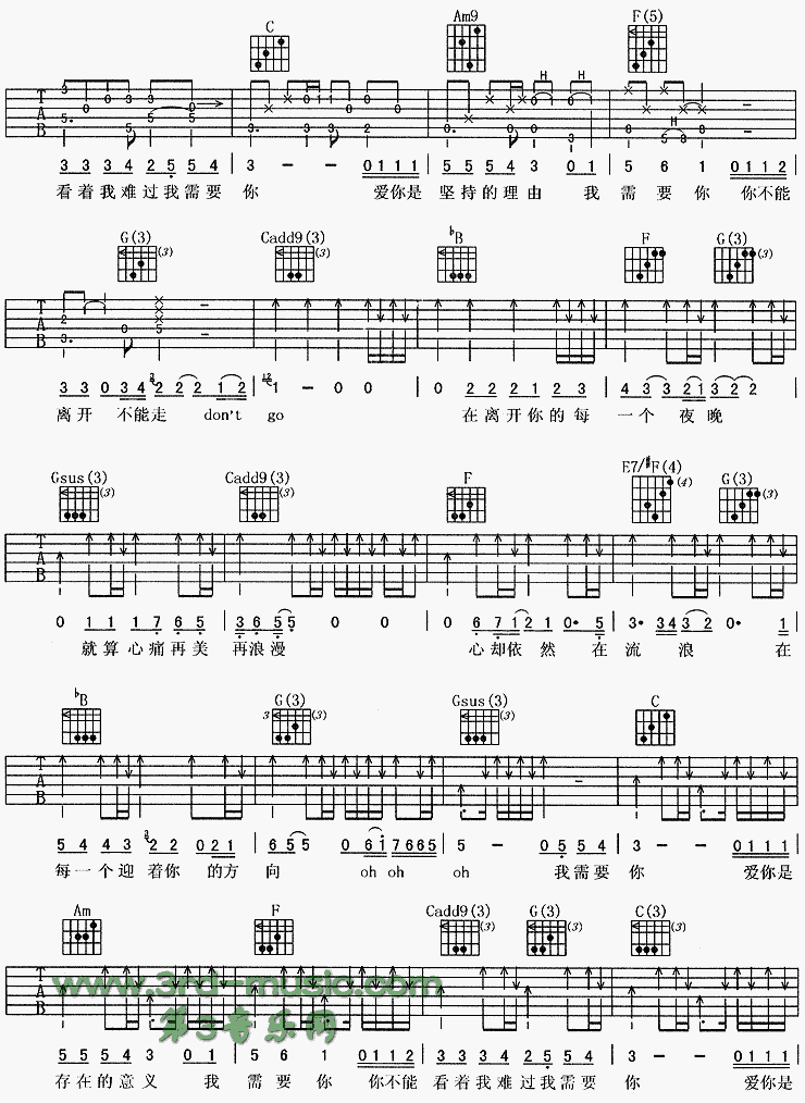 《我需要你(《拿什么拯救你我的爱人》主题曲)》吉他谱-C大调音乐网