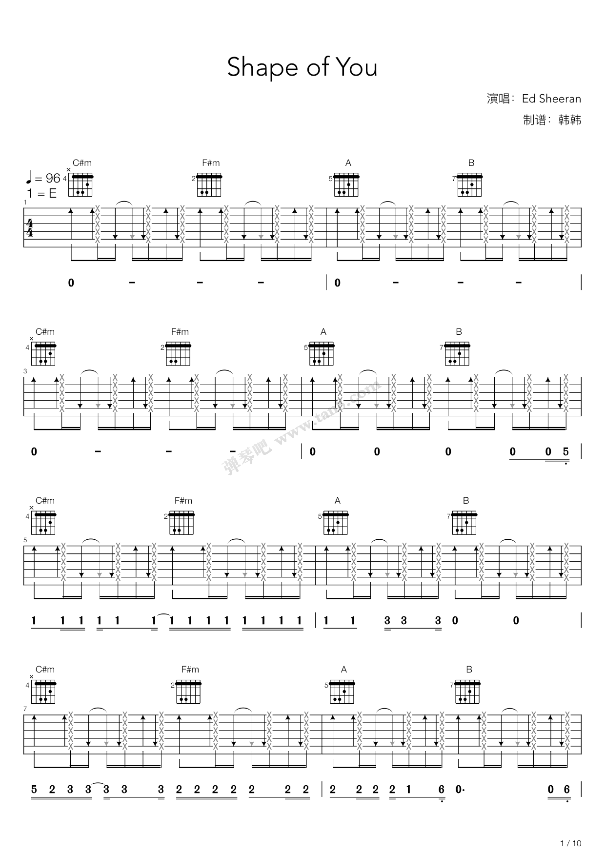 《Shape Of You（E调吉他弹唱谱，艾德·希兰）》吉他谱-C大调音乐网
