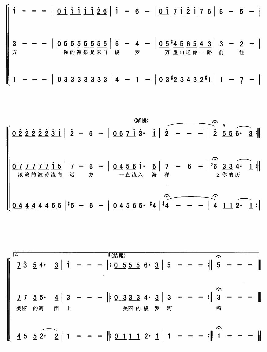 《美丽的梭罗河-印度尼西亚民歌(三重唱简谱)》吉他谱-C大调音乐网