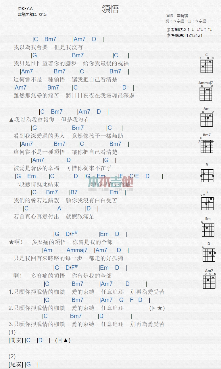 《领悟》吉他谱-C大调音乐网