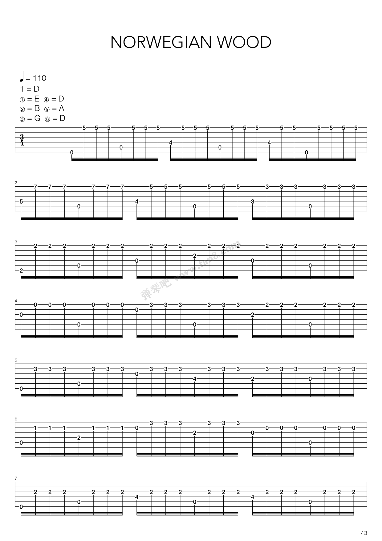 《Norwegian Wood(挪威森林)》吉他谱-C大调音乐网